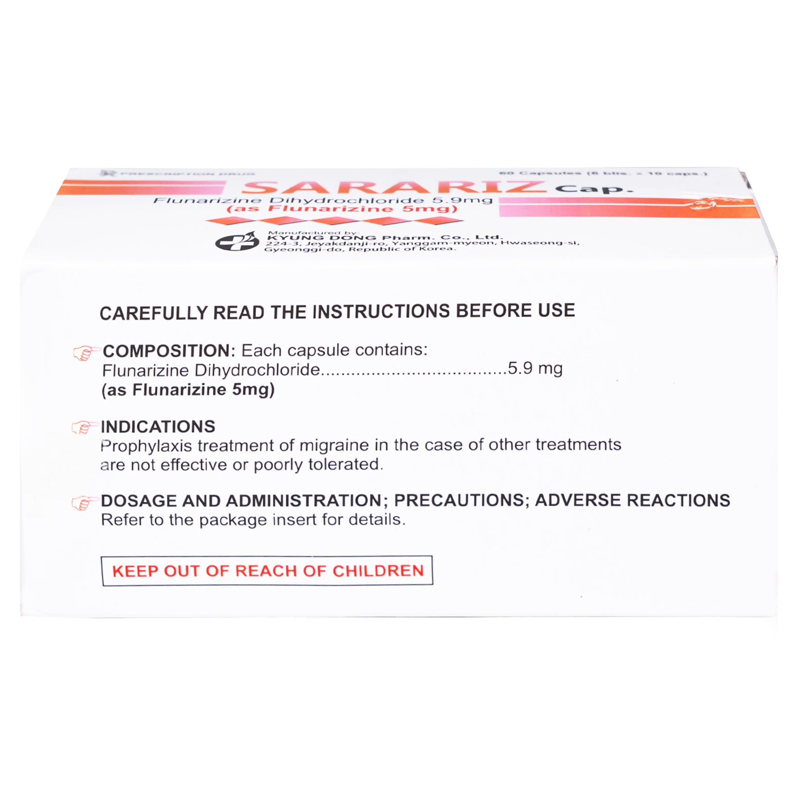 Hình ảnh Thuốc Sarariz 5.9mg Kyung Dong điều trị đau nửa đầu, chứng chóng mặt (60 viên)