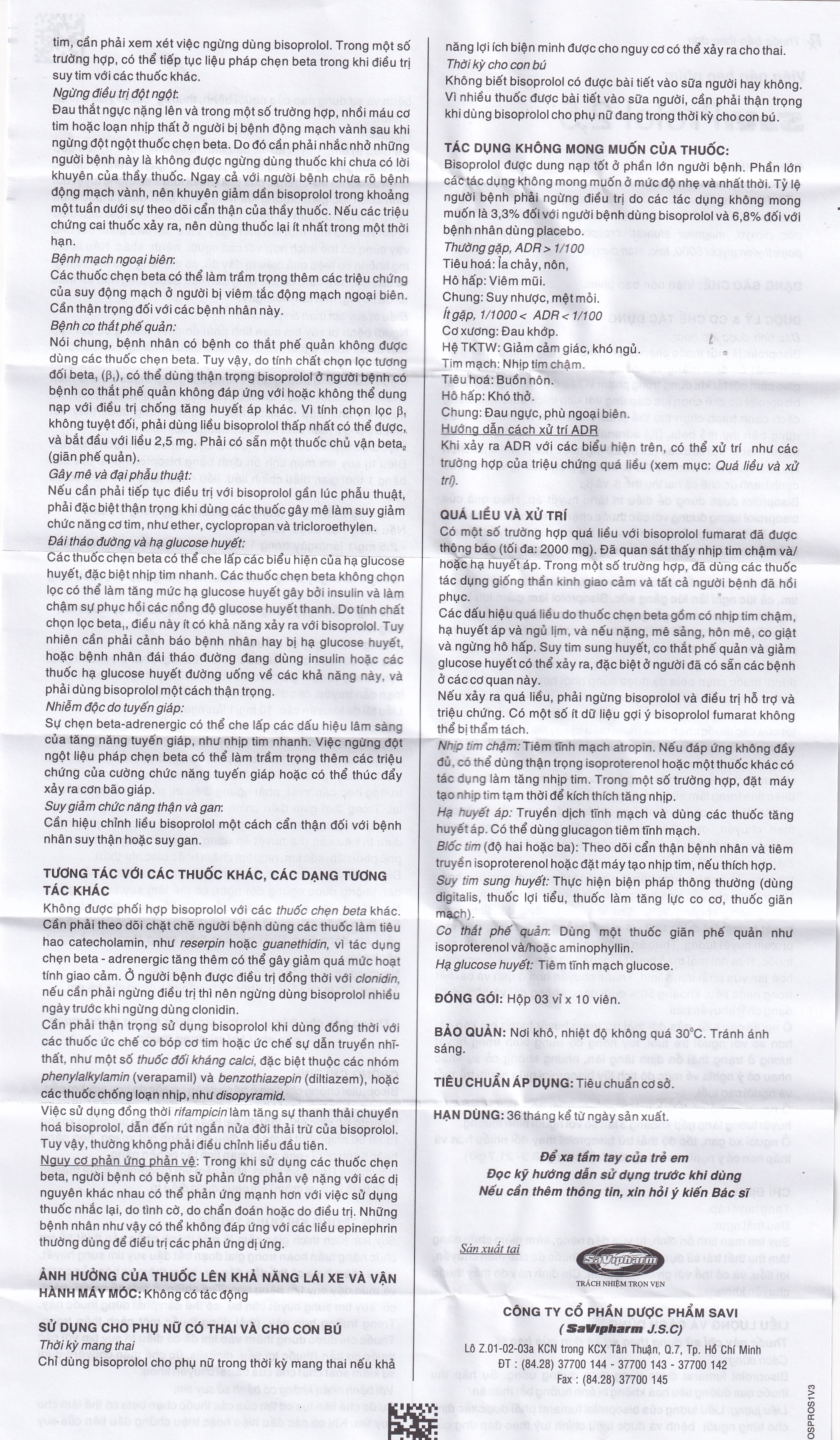 Hình ảnh Thuốc SaViProlol 2,5 điều trị tăng huyết áp, đau thắt ngực (3 vỉ x 10 viên) 