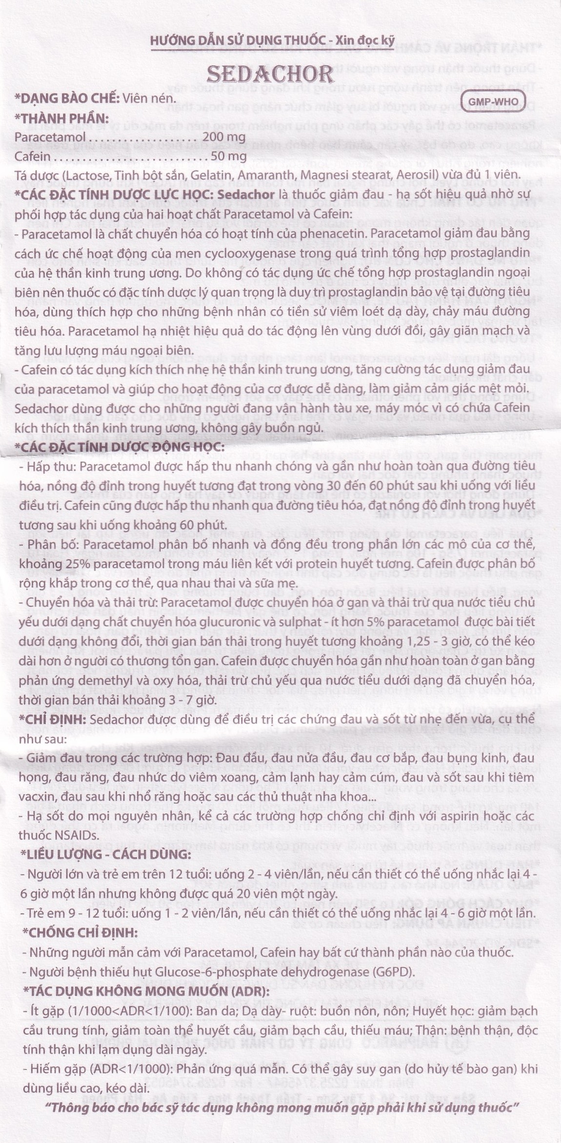 Hình ảnh Thuốc Sedachor Haripharco hạ sốt, giảm đau, trị cảm cúm, nhức đầu (50 vỉ x 10 viên)