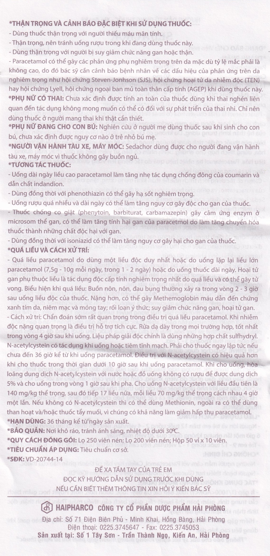 Hình ảnh Thuốc Sedachor Haripharco hạ sốt, giảm đau, trị cảm cúm, nhức đầu (50 vỉ x 10 viên)
