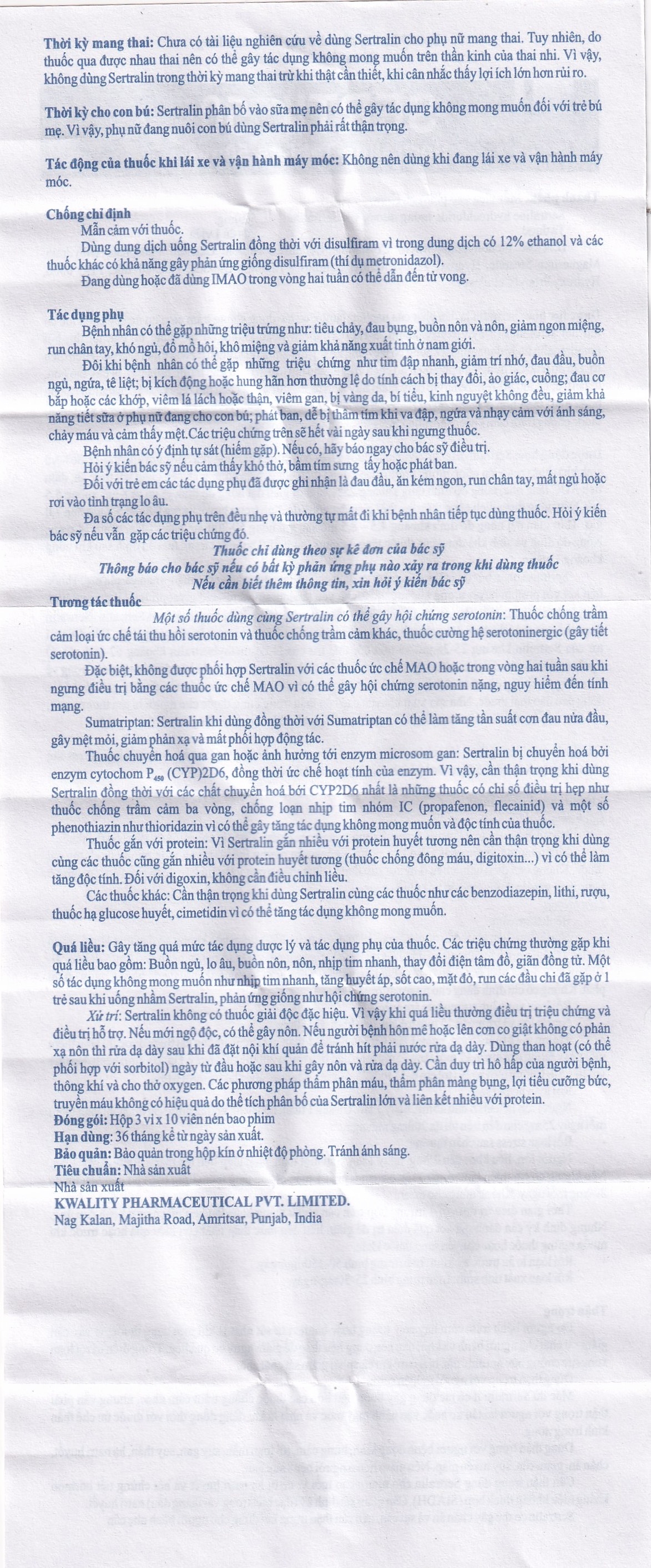 Hình ảnh Thuốc Sertil 50 Kwality Pharmaceutical điều trị bệnh trầm cảm, hội chứng hoảng sợ (3 vỉ x 10 viên)