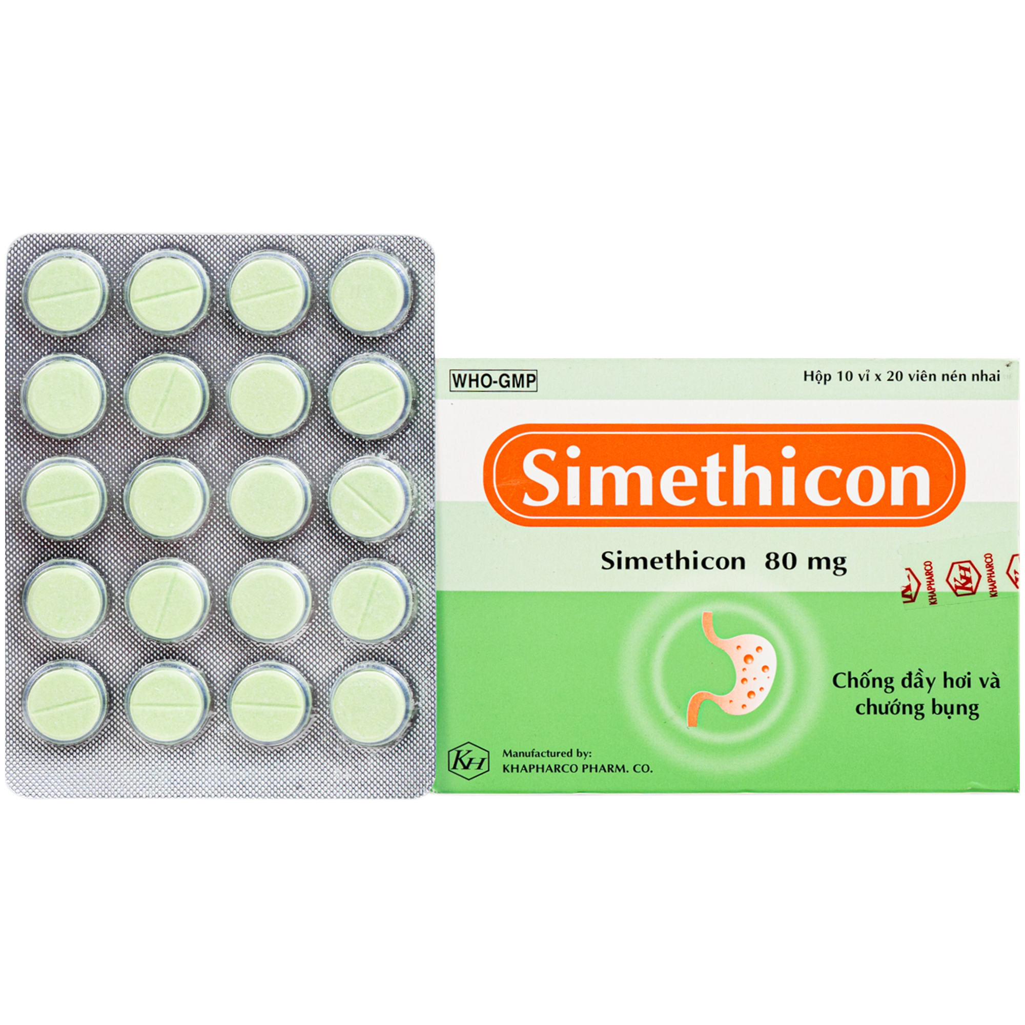 Hình ảnh Thuốc Simethicon 80mg Khapharco điều trị triệu chứng đầy hơi, chướng bụng, khó tiêu do tích tụ khí trong dạ dày, ruột (10 vỉ x 20 viên)