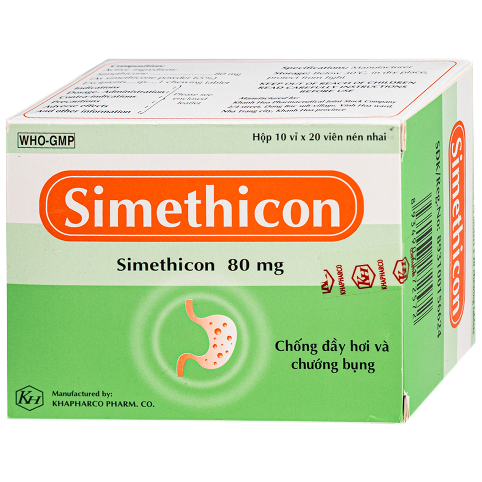 Hình ảnh Thuốc Simethicon 80mg Khapharco điều trị triệu chứng đầy hơi, chướng bụng, khó tiêu do tích tụ khí trong dạ dày, ruột (10 vỉ x 20 viên)