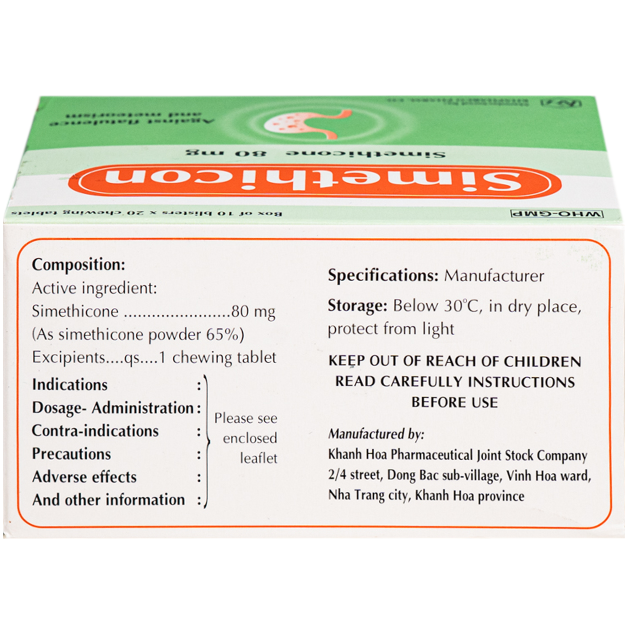 Hình ảnh Thuốc Simethicon 80mg Khapharco điều trị triệu chứng đầy hơi, chướng bụng, khó tiêu do tích tụ khí trong dạ dày, ruột (10 vỉ x 20 viên)