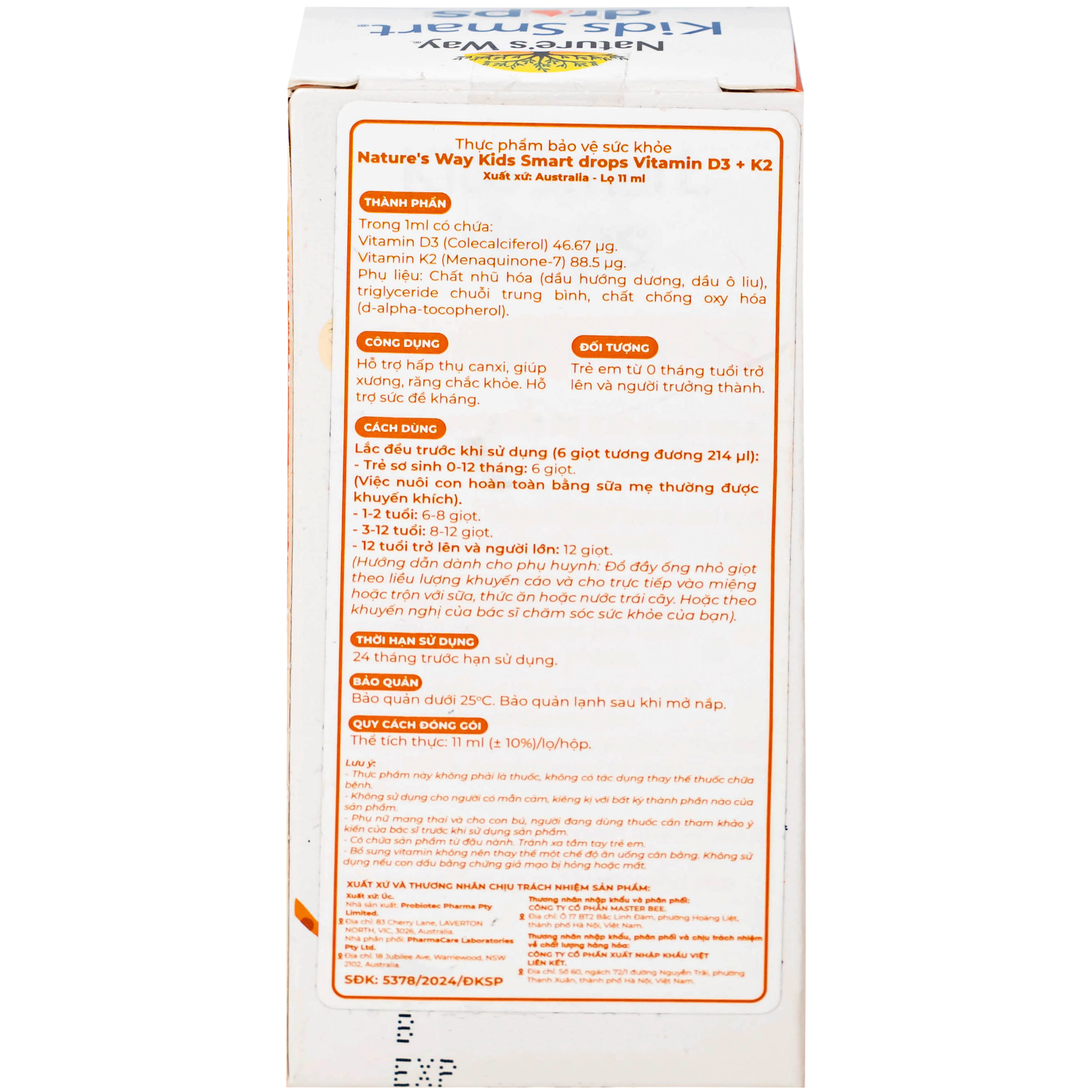 Hình ảnh Siro hỗ trợ hấp thu canxi, giúp xương, răng chắc khỏe Nature's Way Kids Smart Drops Vitamin D3+K2 (Hộp 11ml)