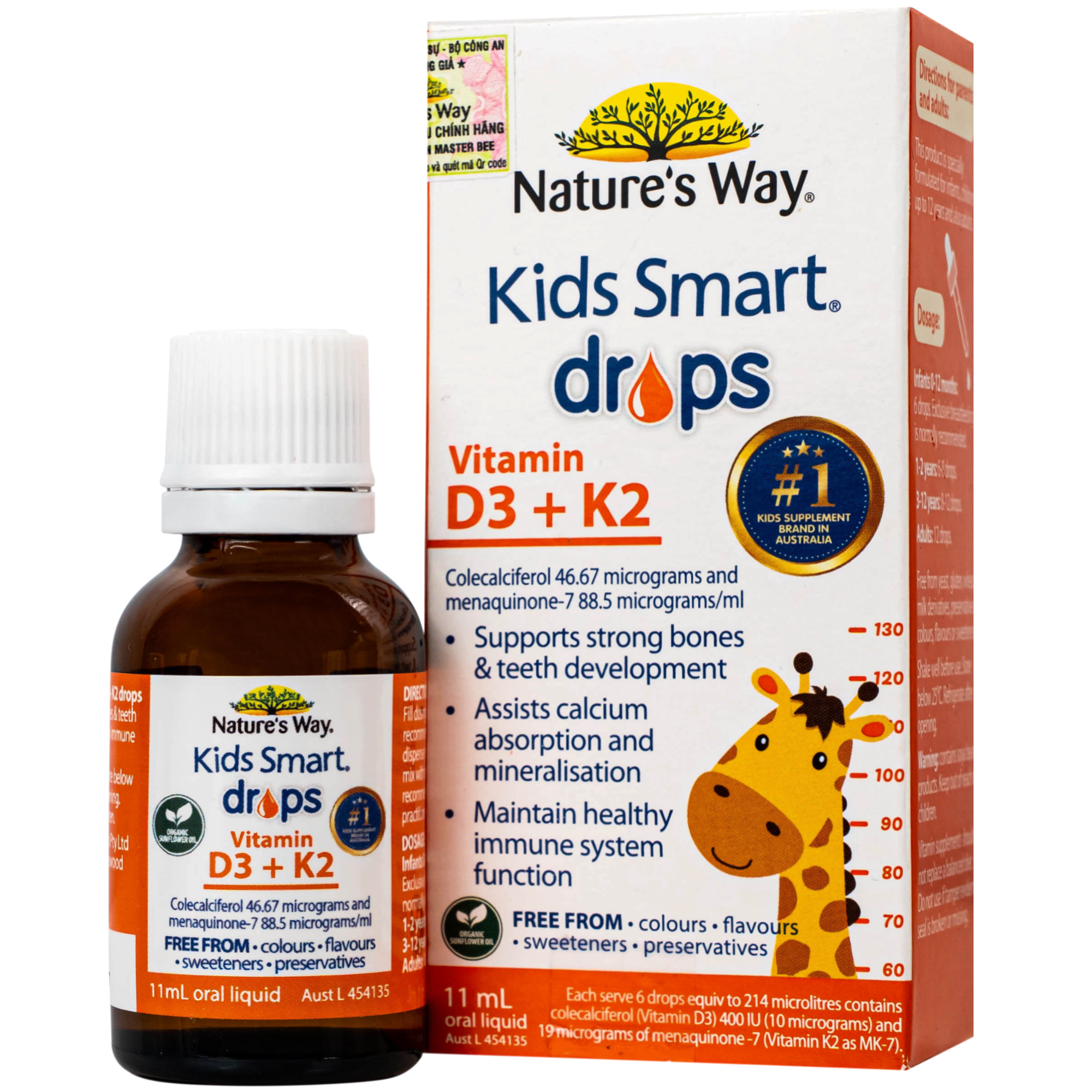 Hình ảnh Siro hỗ trợ hấp thu canxi, giúp xương, răng chắc khỏe Nature's Way Kids Smart Drops Vitamin D3+K2 (Hộp 11ml)