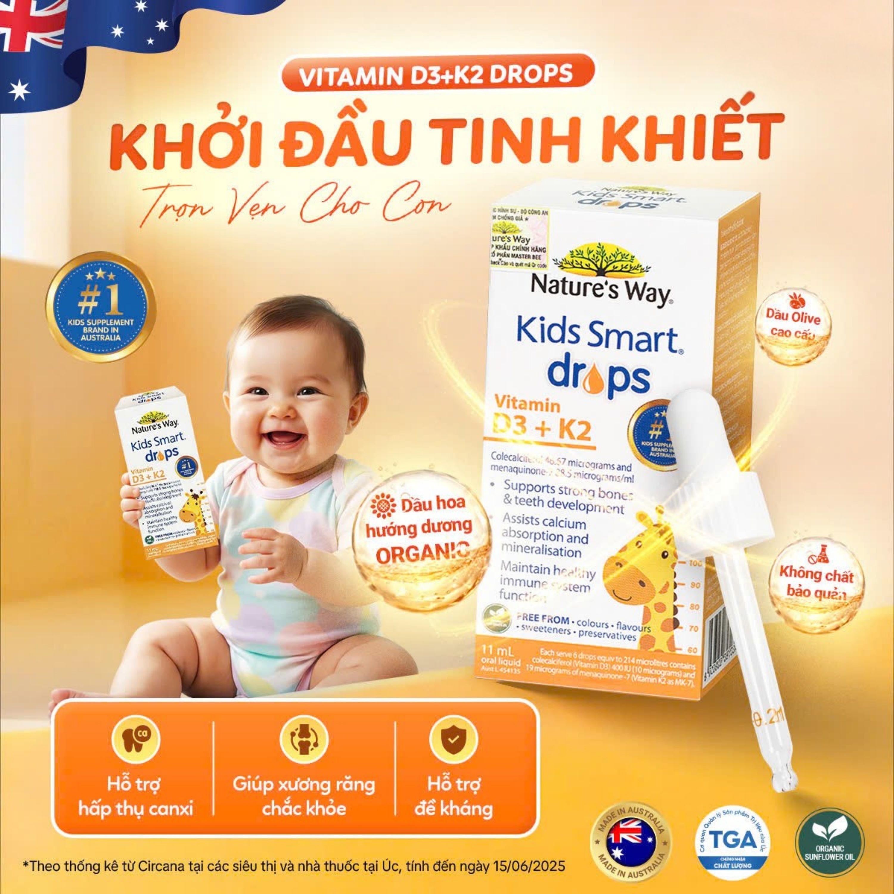 Hình ảnh Siro hỗ trợ hấp thu canxi, giúp xương, răng chắc khỏe Nature's Way Kids Smart Drops Vitamin D3+K2 (Hộp 11ml)