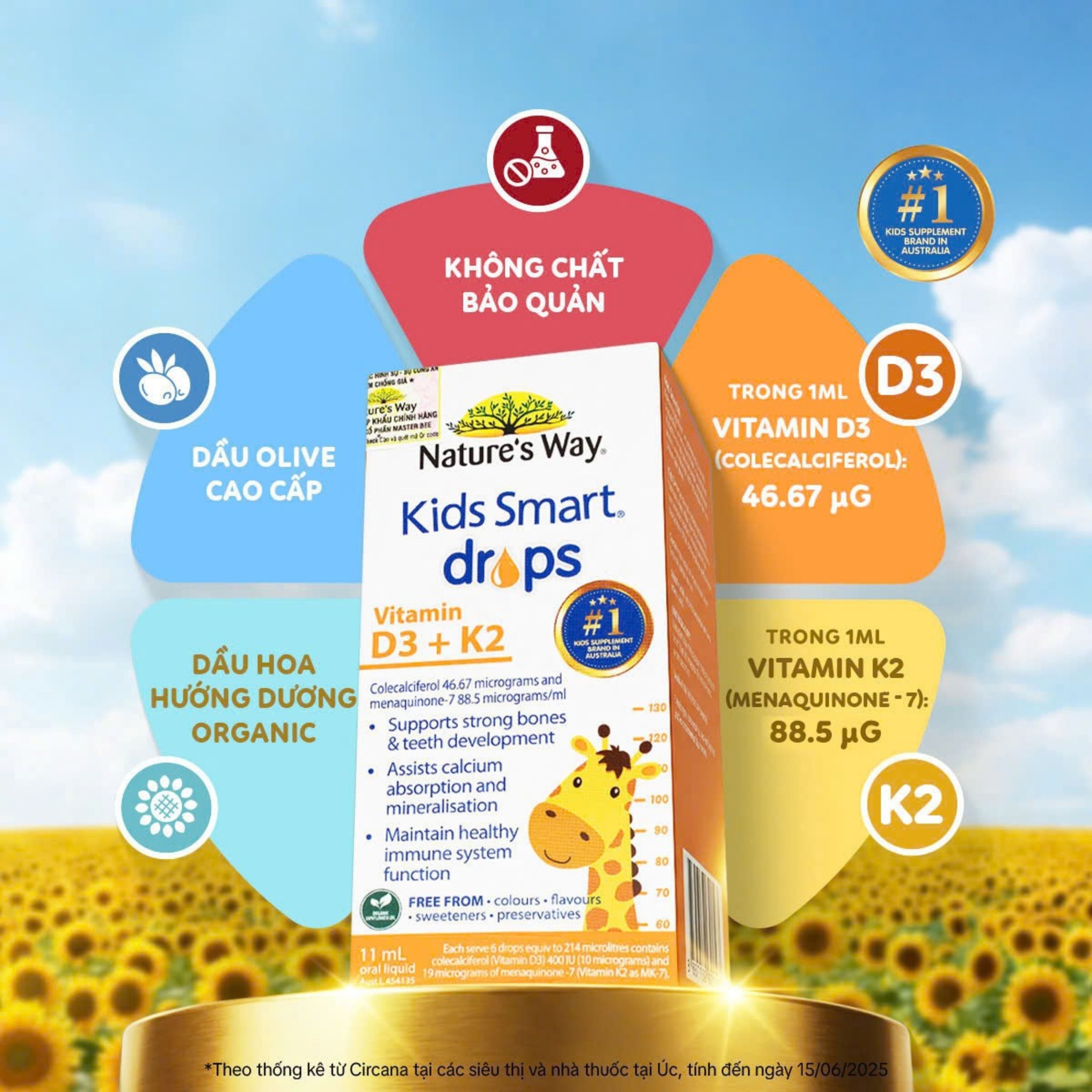 Hình ảnh Siro hỗ trợ hấp thu canxi, giúp xương, răng chắc khỏe Nature's Way Kids Smart Drops Vitamin D3+K2 (Hộp 11ml)