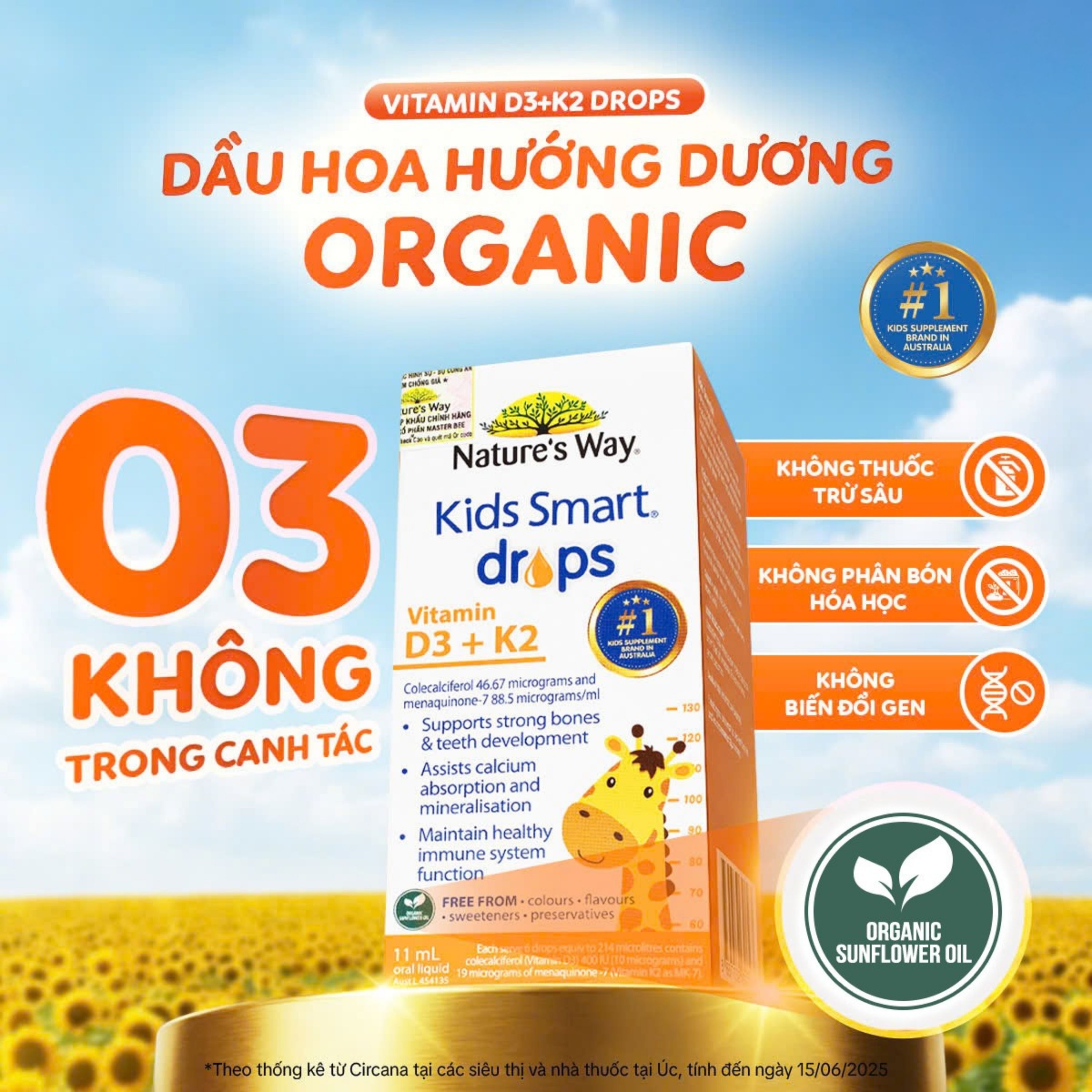 Hình ảnh Siro hỗ trợ hấp thu canxi, giúp xương, răng chắc khỏe Nature's Way Kids Smart Drops Vitamin D3+K2 (Hộp 11ml)
