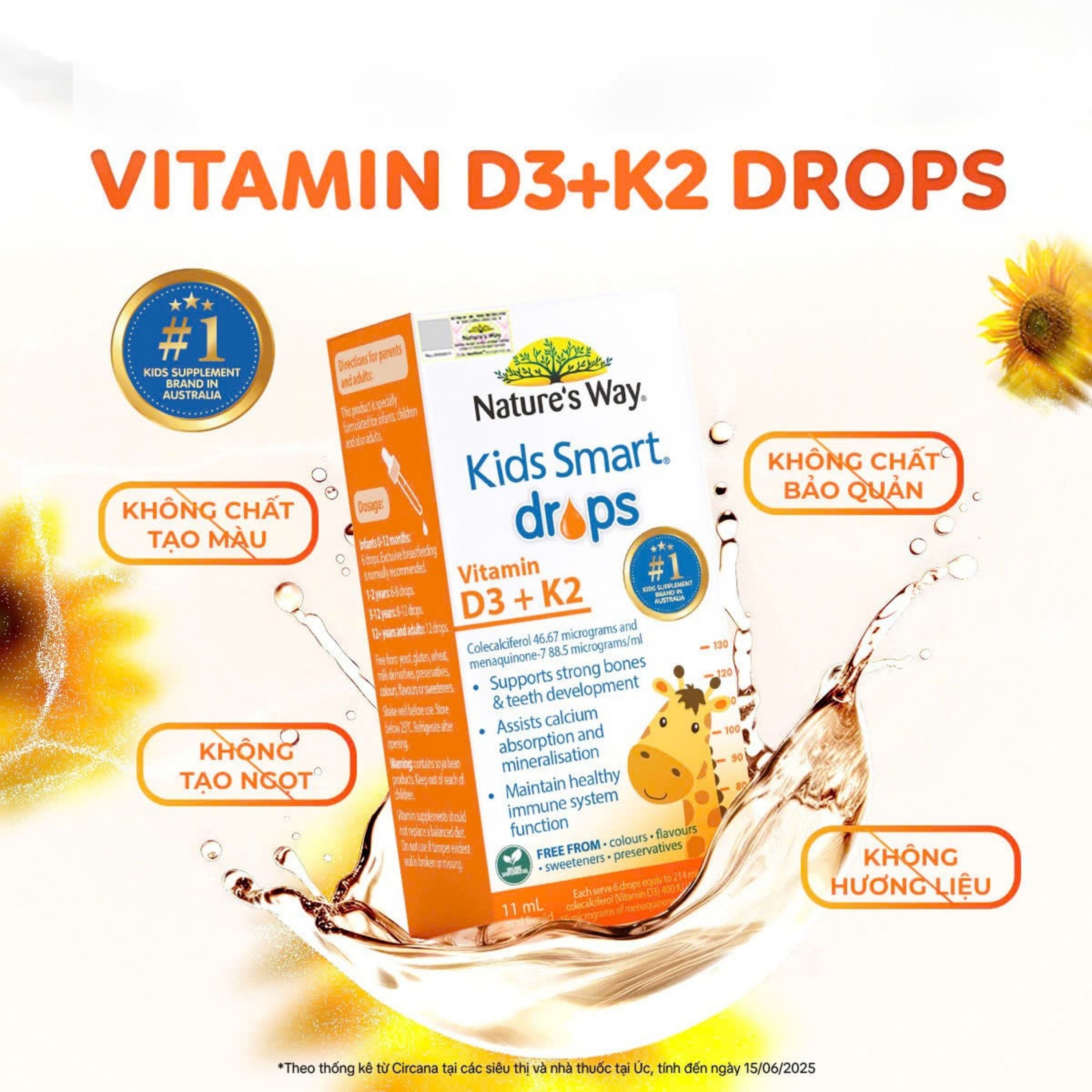 Hình ảnh Siro hỗ trợ hấp thu canxi, giúp xương, răng chắc khỏe Nature's Way Kids Smart Drops Vitamin D3+K2 (Hộp 11ml)