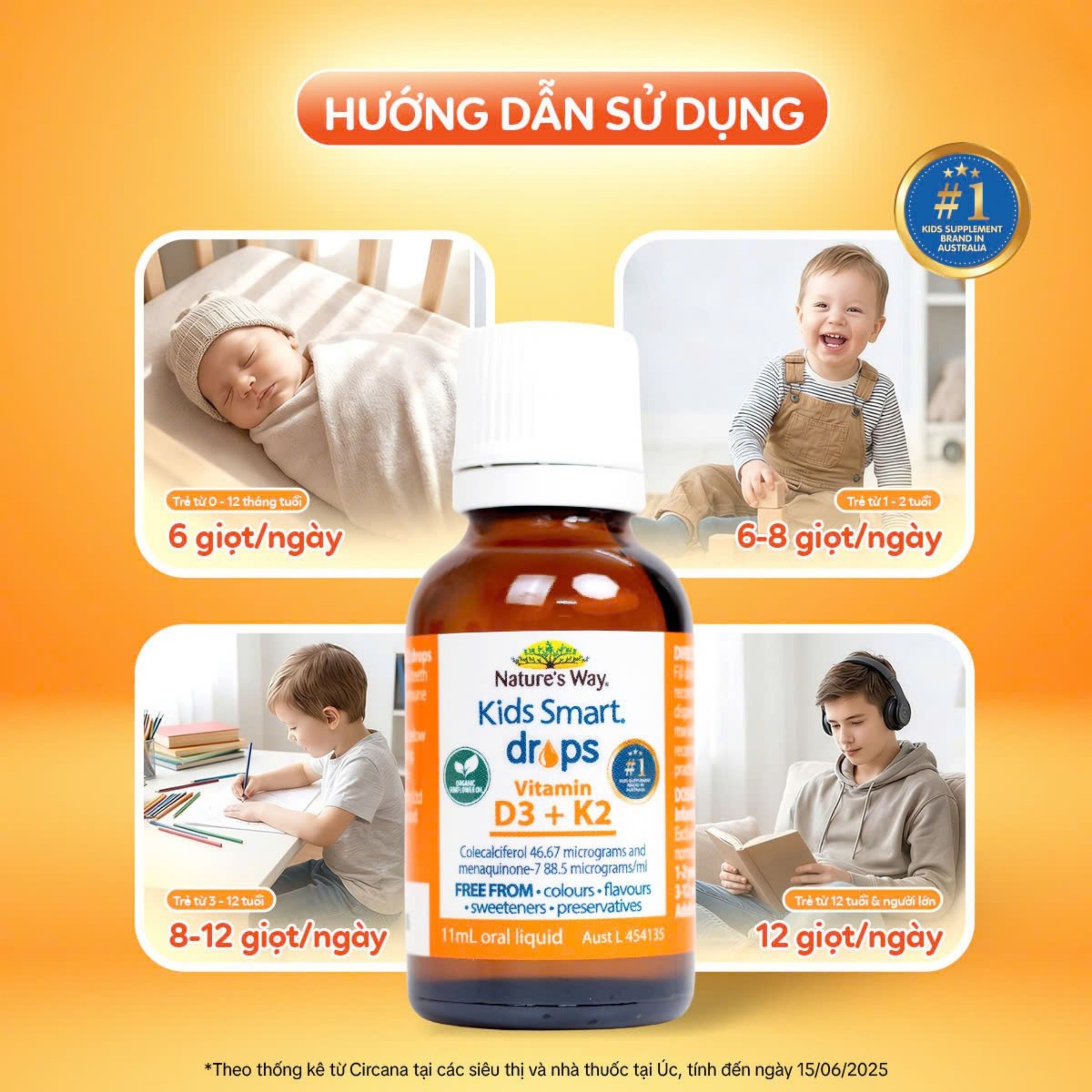 Hình ảnh Siro hỗ trợ hấp thu canxi, giúp xương, răng chắc khỏe Nature's Way Kids Smart Drops Vitamin D3+K2 (Hộp 11ml)