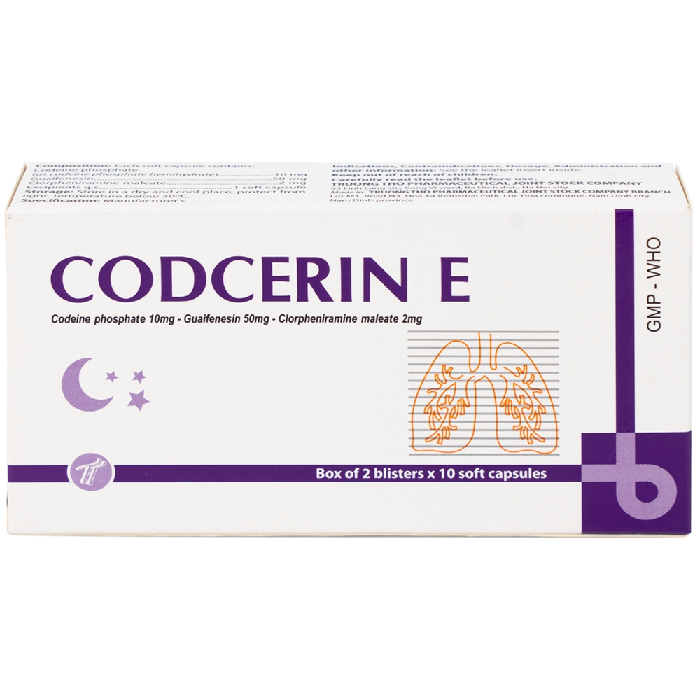 Hình ảnh Thuốc Codcerin E Trường Thọ điều trị viêm phế quản, viêm họng, viêm phổi, ho do kích ứng (2 vỉ x 10 viên)