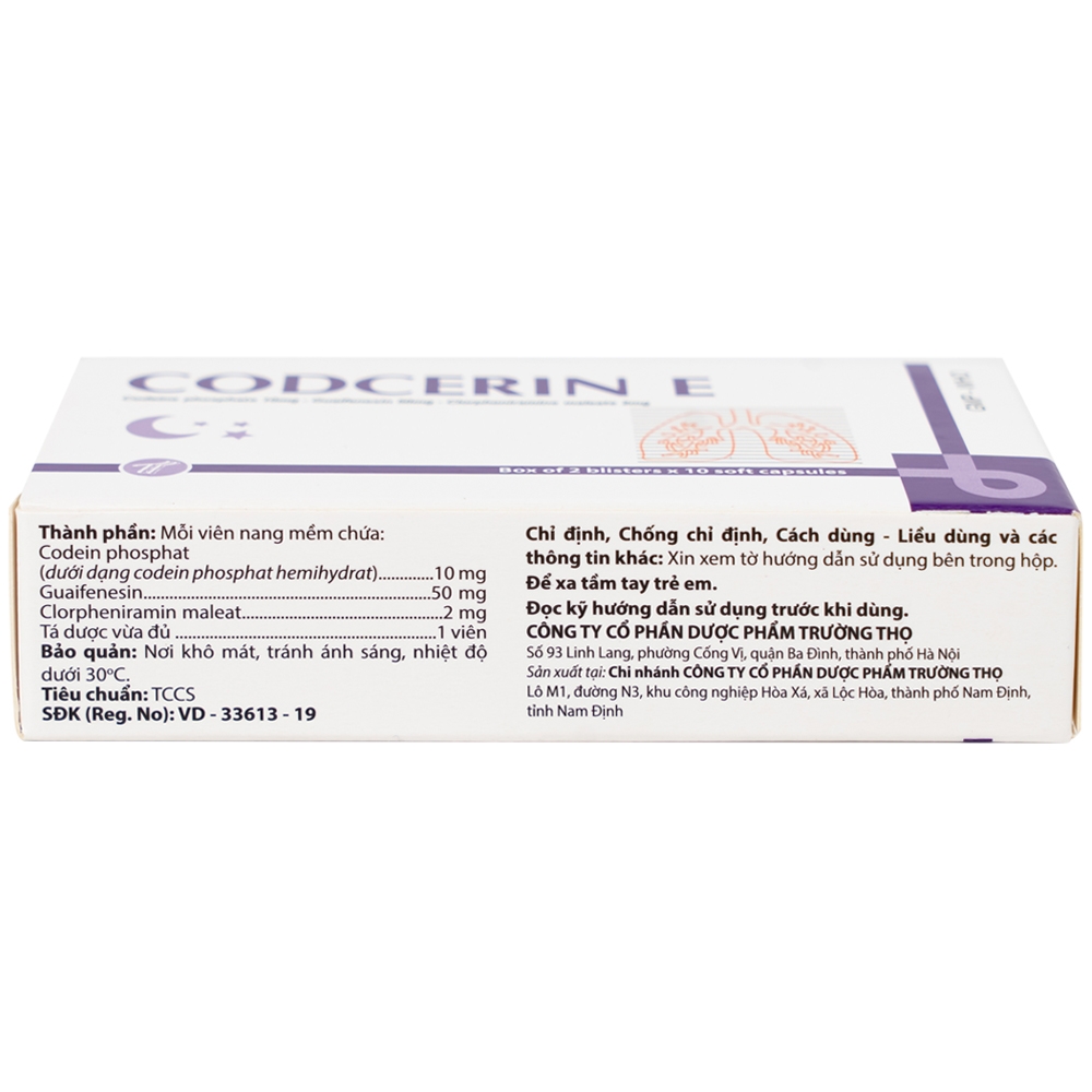 Hình ảnh Thuốc Codcerin E Trường Thọ điều trị viêm phế quản, viêm họng, viêm phổi, ho do kích ứng (2 vỉ x 10 viên)