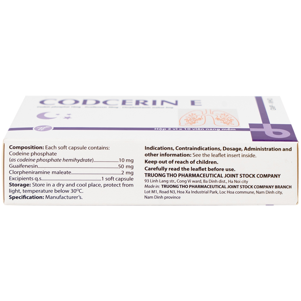 Hình ảnh Thuốc Codcerin E Trường Thọ điều trị viêm phế quản, viêm họng, viêm phổi, ho do kích ứng (2 vỉ x 10 viên)