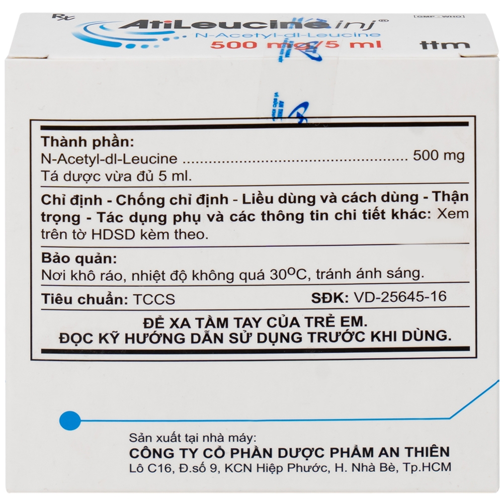 Hình ảnh Dung dịch tiêm AtiLeucine inj 500mg/5ml An Thiên điều trị triệu chứng cơn chóng mặt (2 vỉ x 5 ống)