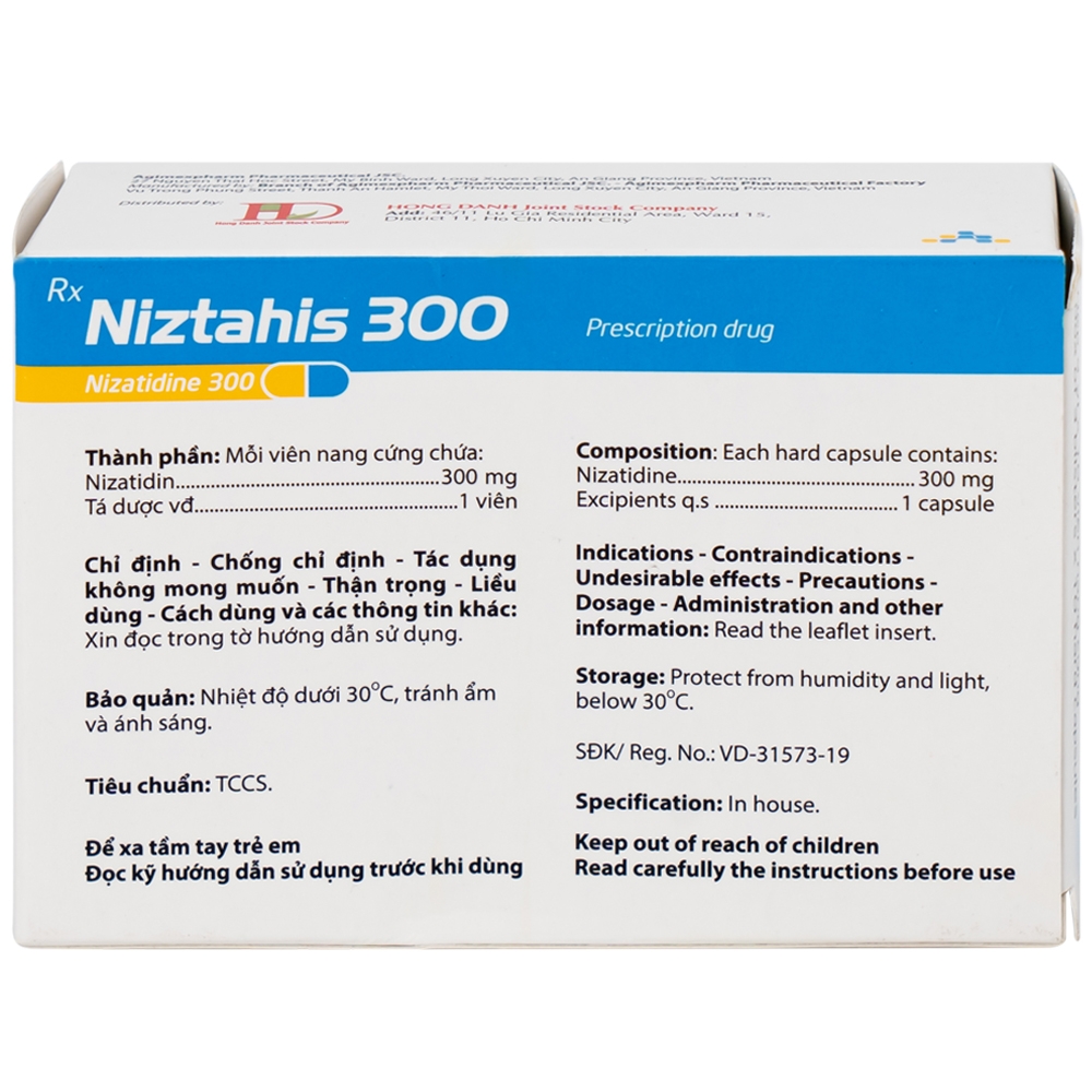 Hình ảnh Thuốc Niztahis 300 Agimexpharm điều trị loét tá tràng, loét dạ dày lành tính, bệnh trào ngược dạ dày, thực quản (3 vỉ x 10 viên)