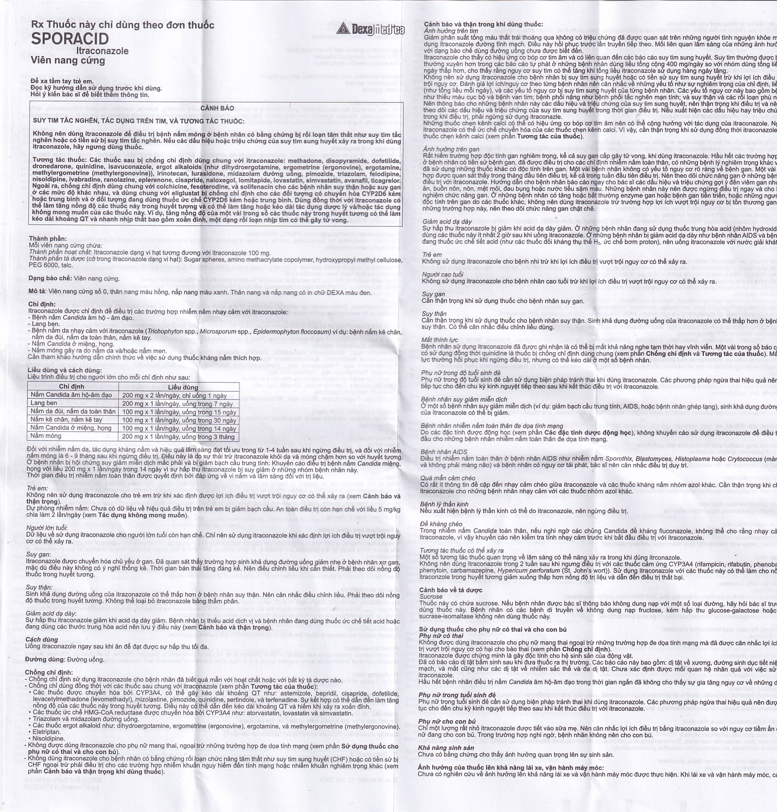 Hình ảnh Thuốc Sporacid Itraconazole 100mg Dexa điều trị nấm candida âm hộ, âm đạo (3 vỉ x 4 viên)