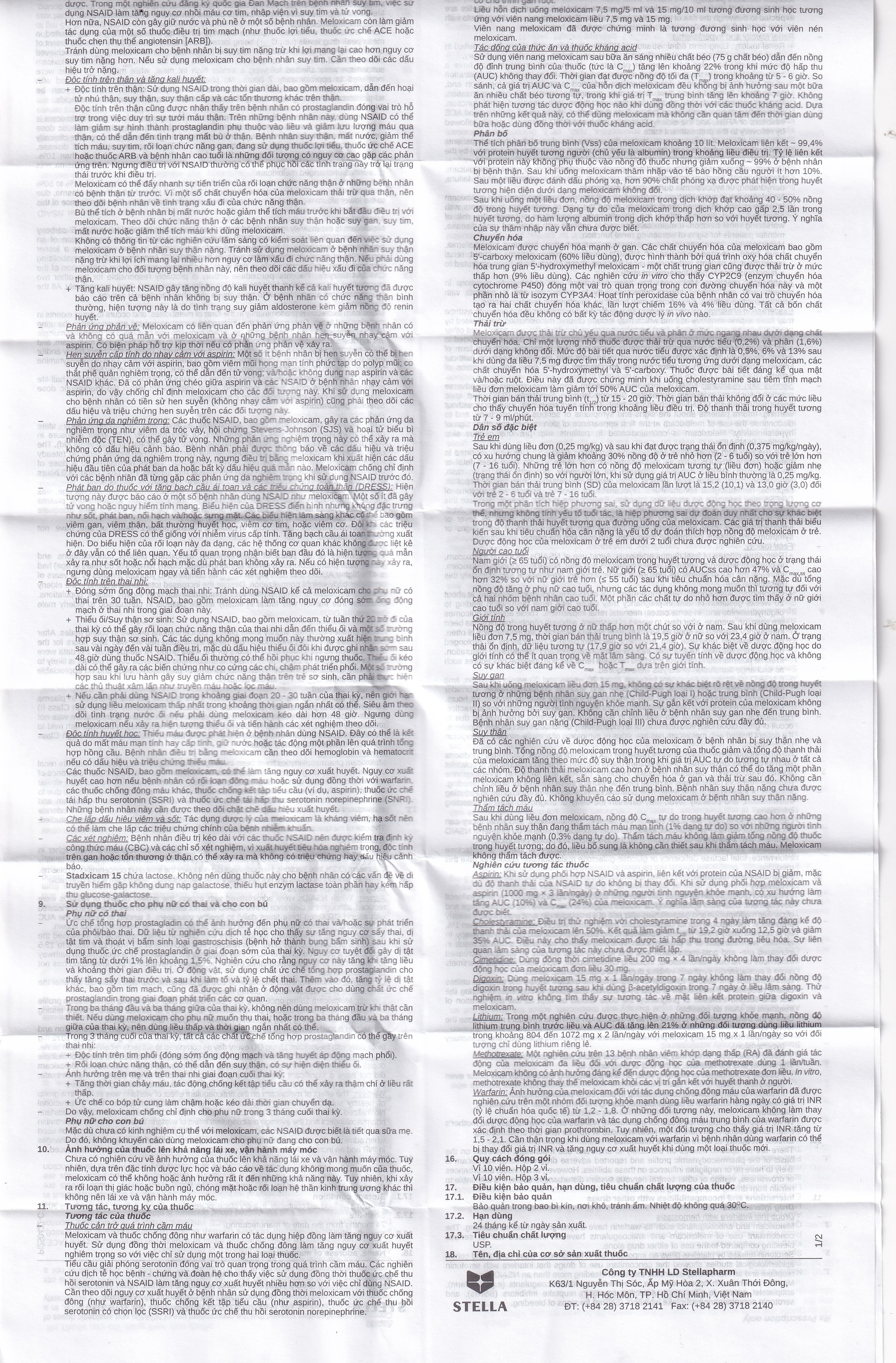 Hình ảnh Thuốc Stadxicam 15 Stella điều trị thoái hóa khớp, viêm khớp dạng thấp (3 vỉ x 10 viên)