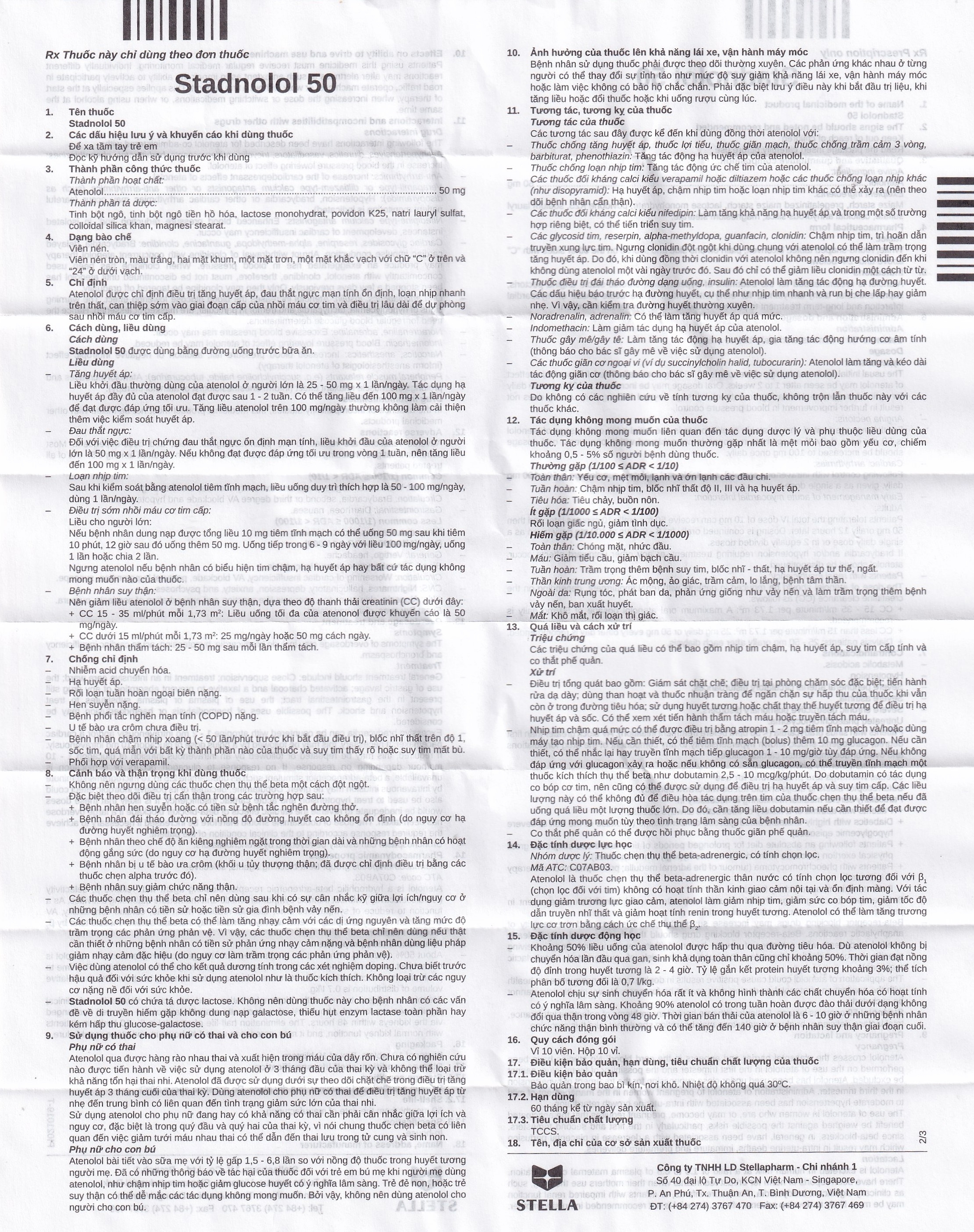 Hình ảnh Thuốc Stadnolol 50 Stella điều trị tăng huyết áp, đau thắt ngực mạn tính ổn định (10 vỉ x 10 viên)