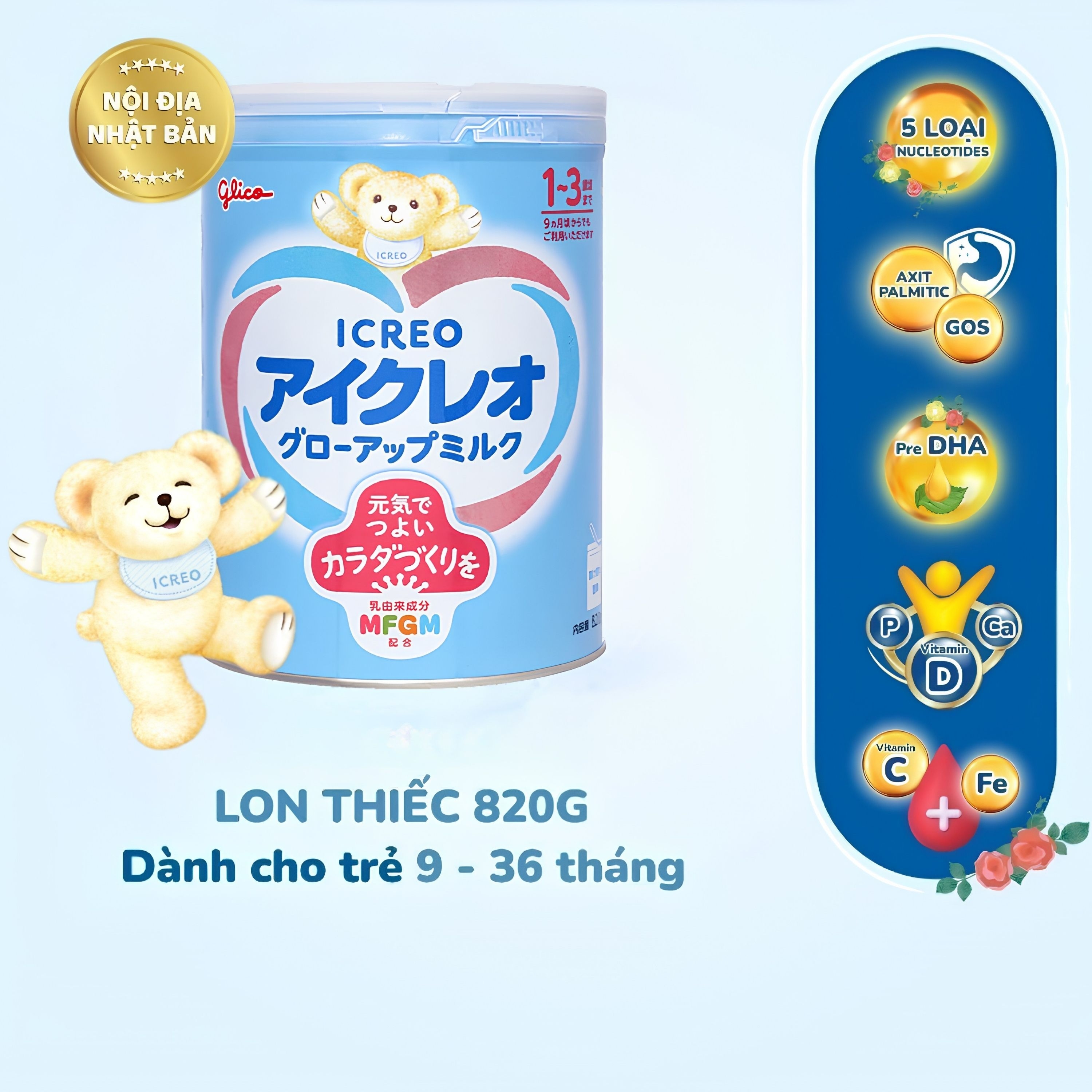 Hình ảnh Sữa hỗ trợ đề kháng và tiêu hóa cho trẻ 1-3 tuổi Icreo Grow-up Milk Glico (820g)