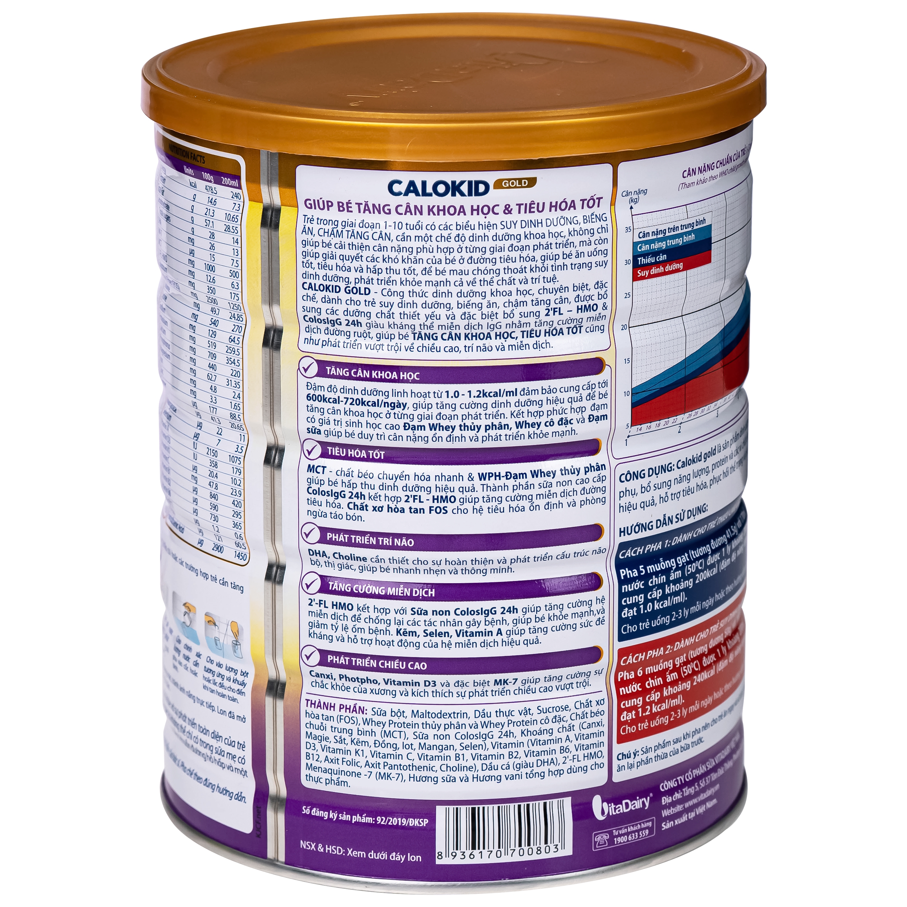 Hình ảnh Sữa hỗ trợ tăng cân khoa học và tiêu hóa tốt cho trẻ 1-10 tuổi Calokid Gold Vitadairy (900g)