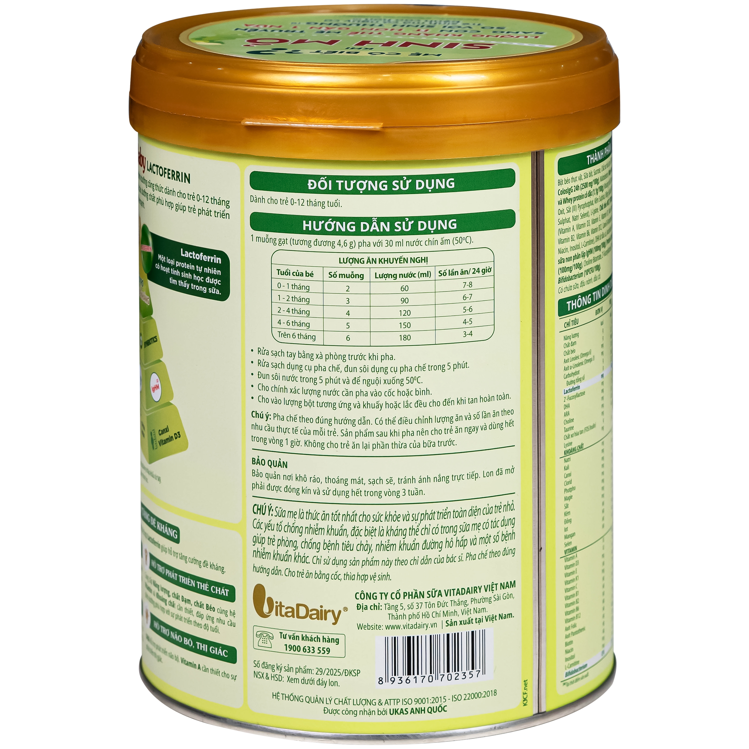 Hình ảnh Sữa hỗ trợ tăng đề kháng cho trẻ 0-12 tháng tuổi Colosbaby Lactoferrin 0+ Vitadairy (800g)