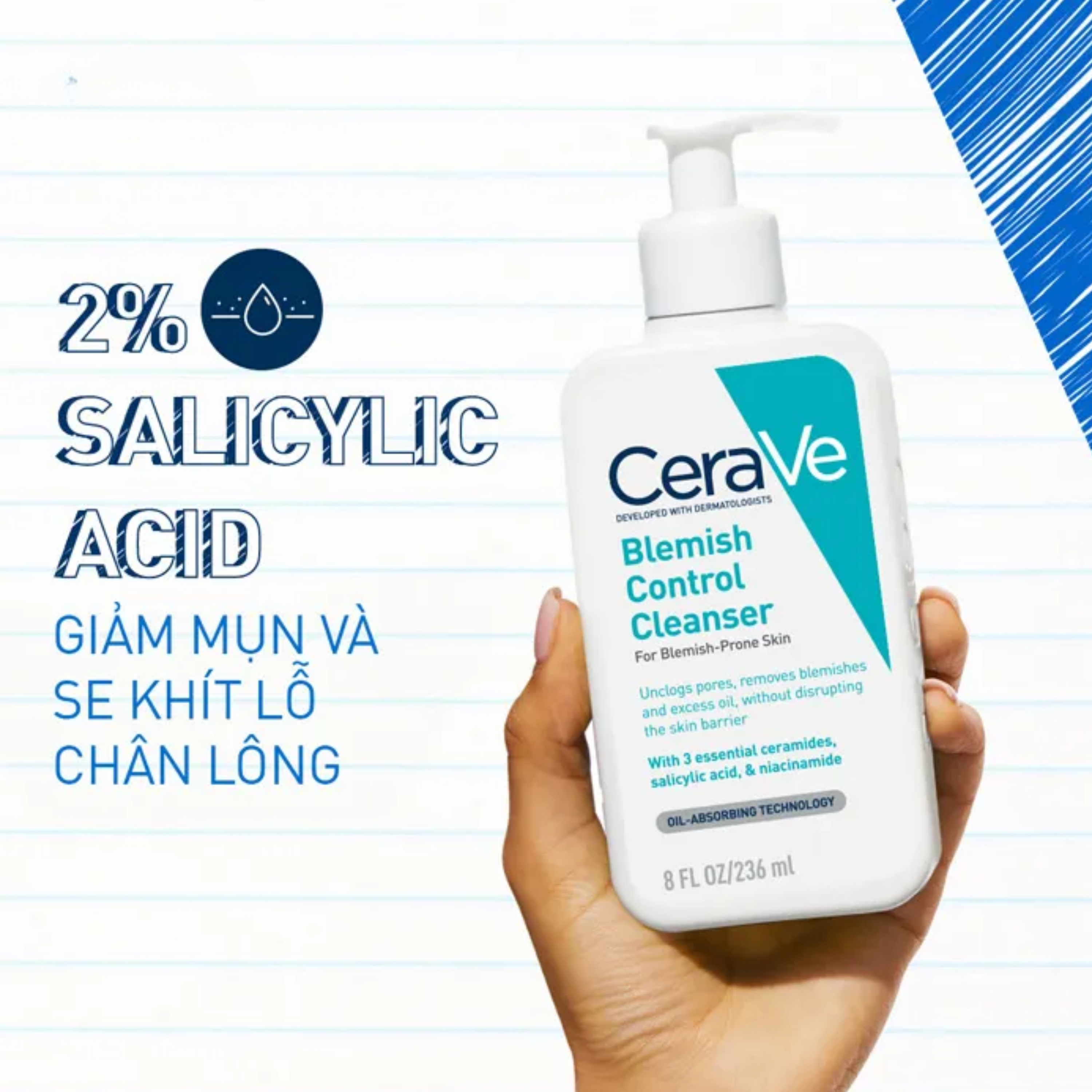 Hình ảnh Sữa rửa mặt dành cho da dầu, mụn Cerave Blemish Control Cleanser 236ml