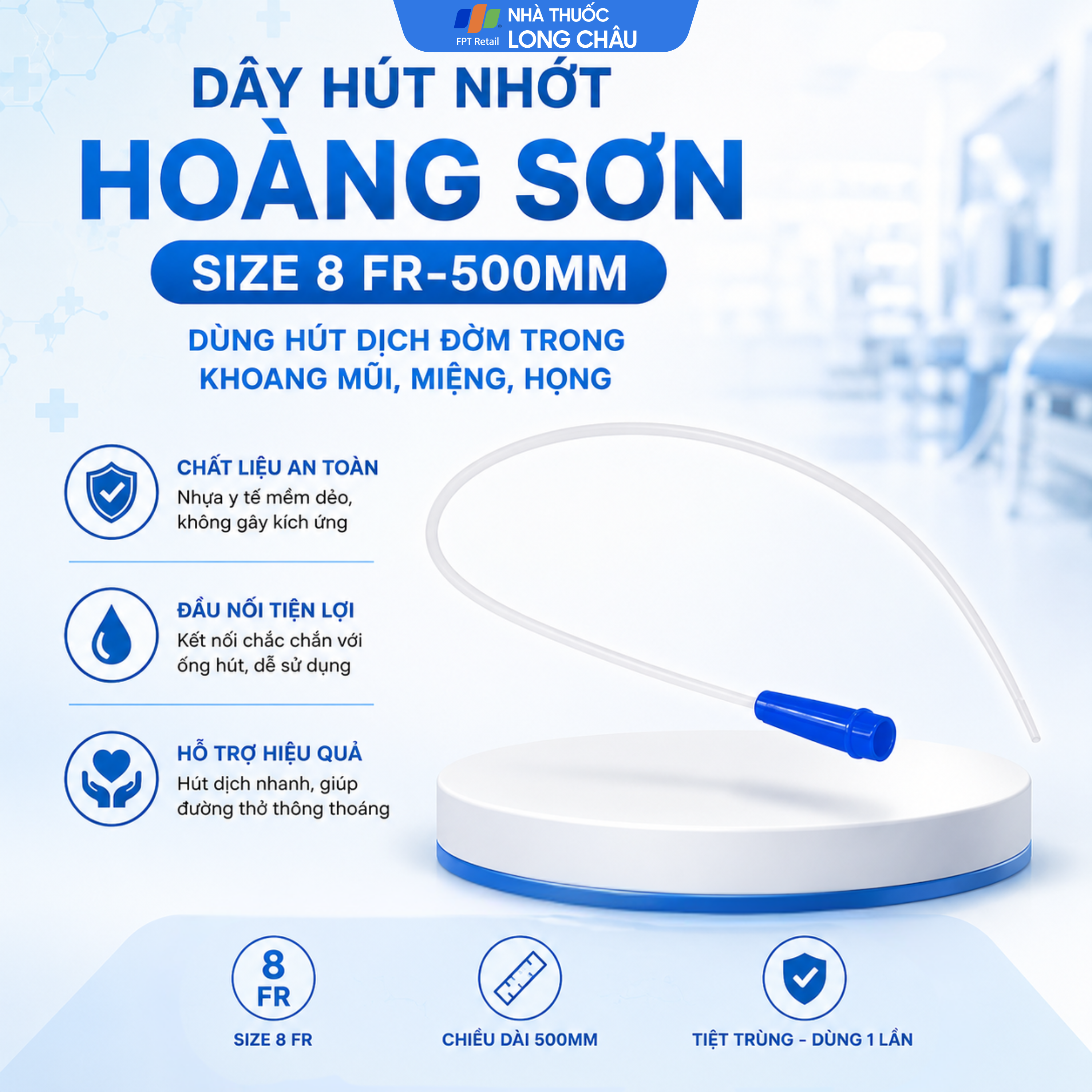 Hình ảnh Dây hút nhớt Hoàng Sơn size 8 FR-500mm dùng hút dịch đờm trong khoang mũi, miệng, họng