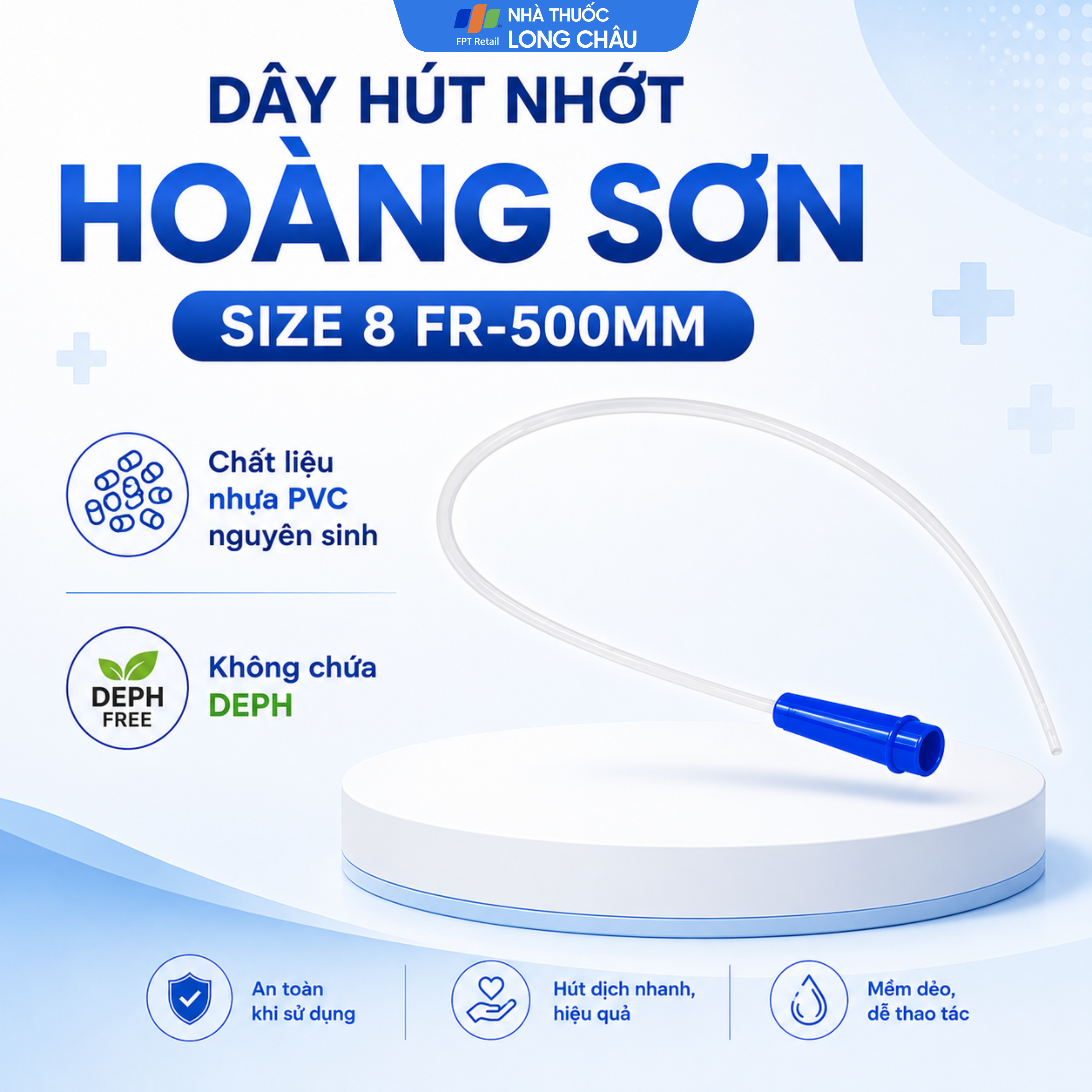 Hình ảnh Dây hút nhớt Hoàng Sơn size 8 FR-500mm dùng hút dịch đờm trong khoang mũi, miệng, họng