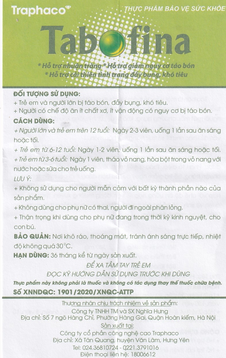 Hình ảnh Viên uống Tabofina Traphaco hỗ trợ nhuận tràng, giảm nguy cơ táo bón (3 vỉ x 10 viên)