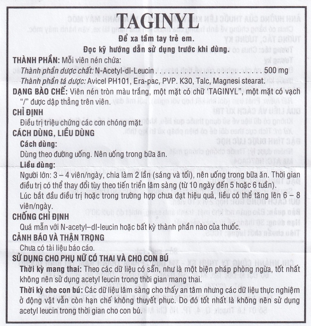 Hình ảnh Thuốc Taginyl 500mg Thành Nam điều trị triệu chứng cơn chóng mặt (2 vỉ x 10 viên)