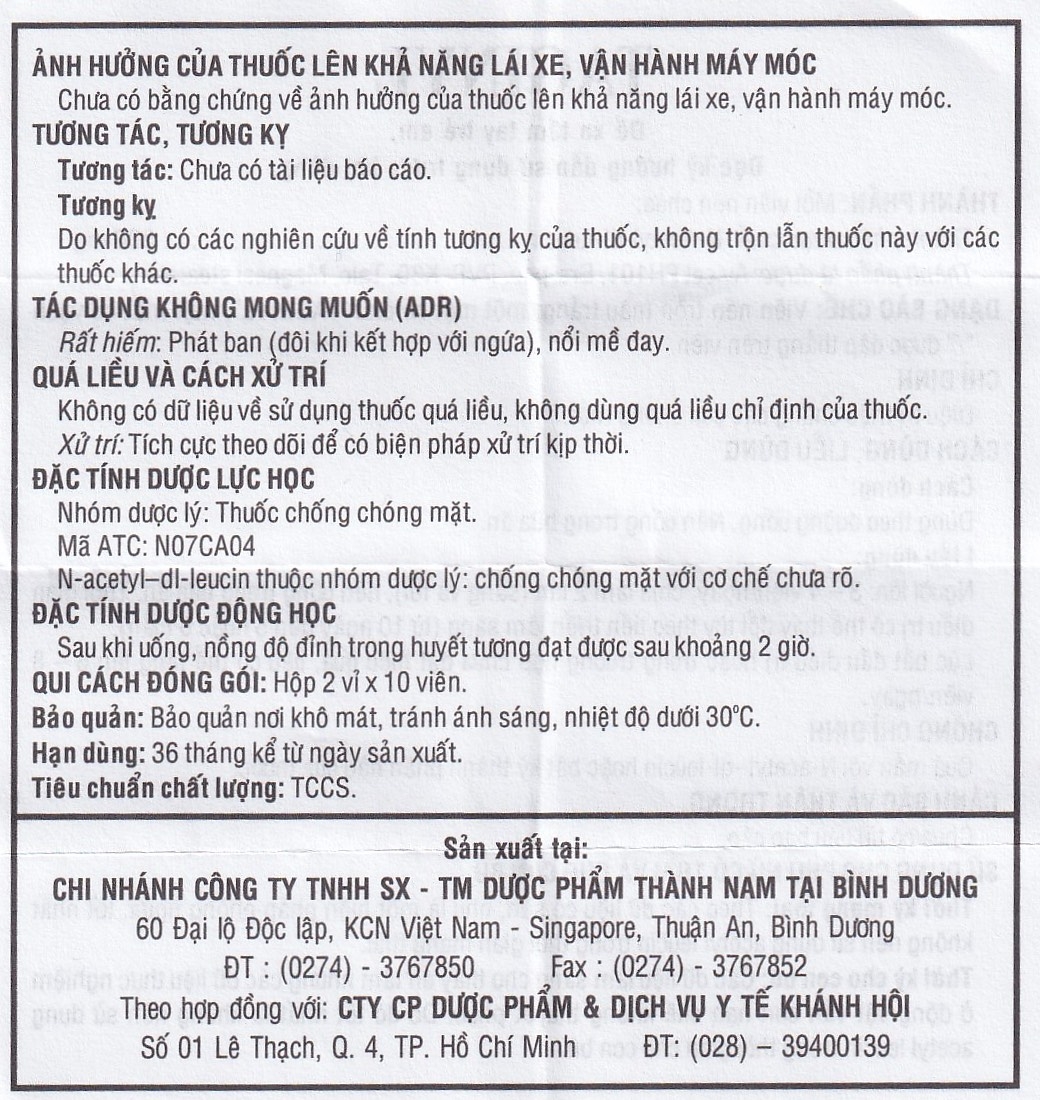 Hình ảnh Thuốc Taginyl 500mg Thành Nam điều trị triệu chứng cơn chóng mặt (2 vỉ x 10 viên)