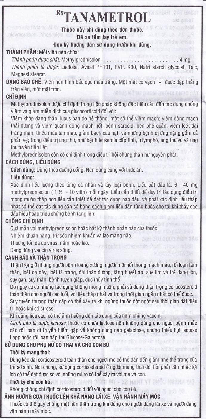 Hình ảnh Viên nén TanaMetrol 4mg Thành Nam chống viêm và điều trị viêm khớp dạng thấp, lupus ban đỏ (3 vỉ x 10 viên)
