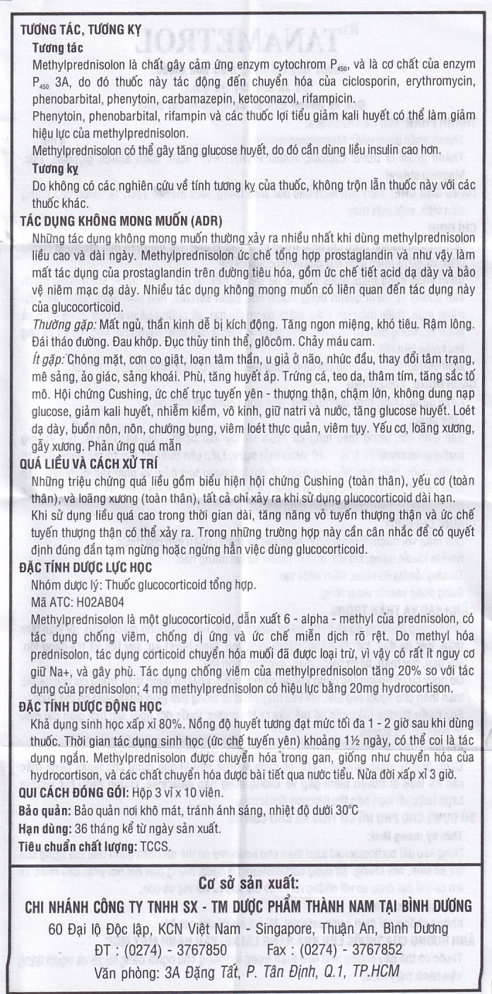 Hình ảnh Viên nén TanaMetrol 4mg Thành Nam chống viêm và điều trị viêm khớp dạng thấp, lupus ban đỏ (3 vỉ x 10 viên)