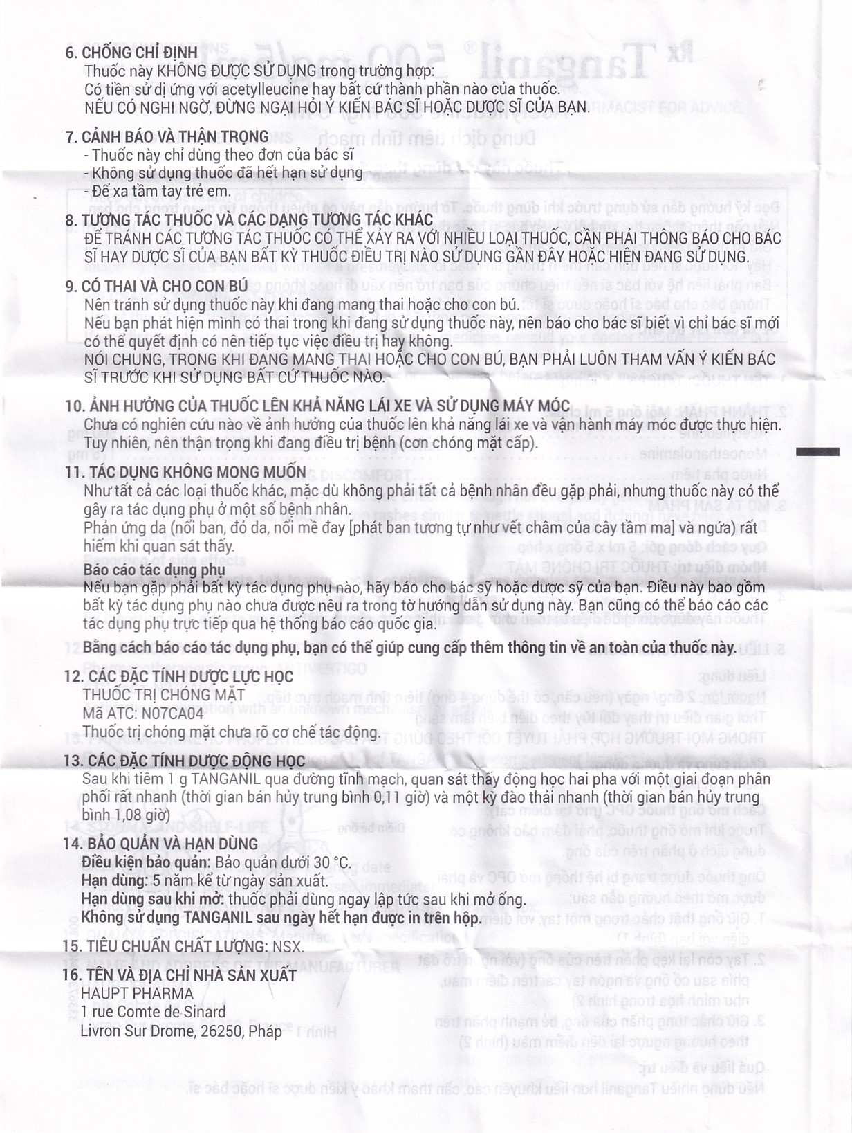 Hình ảnh Thuốc tiêm Tanganil 500mg/5ml Pierre Fabre điều trị triệu chứng các cơn chóng mặt (1 vỉ x 5 ống x 25ml)