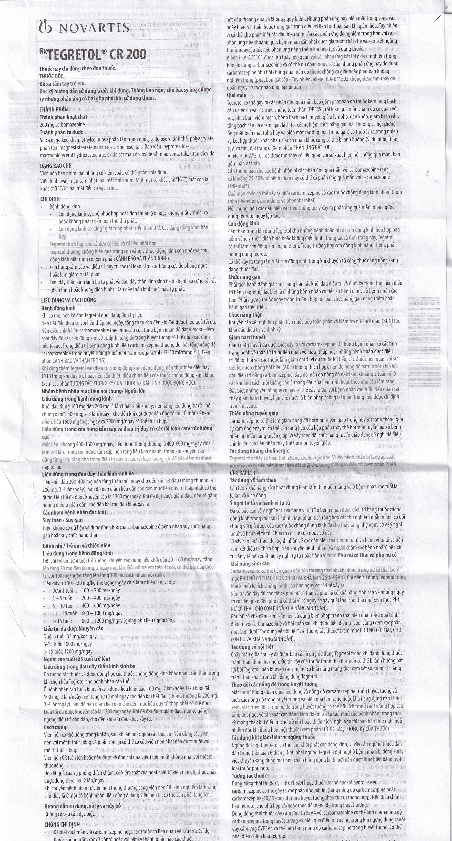 Hình ảnh Thuốc Tegretol CR 200 điều trị bệnh động kinh (5 vỉ x 10 viên)