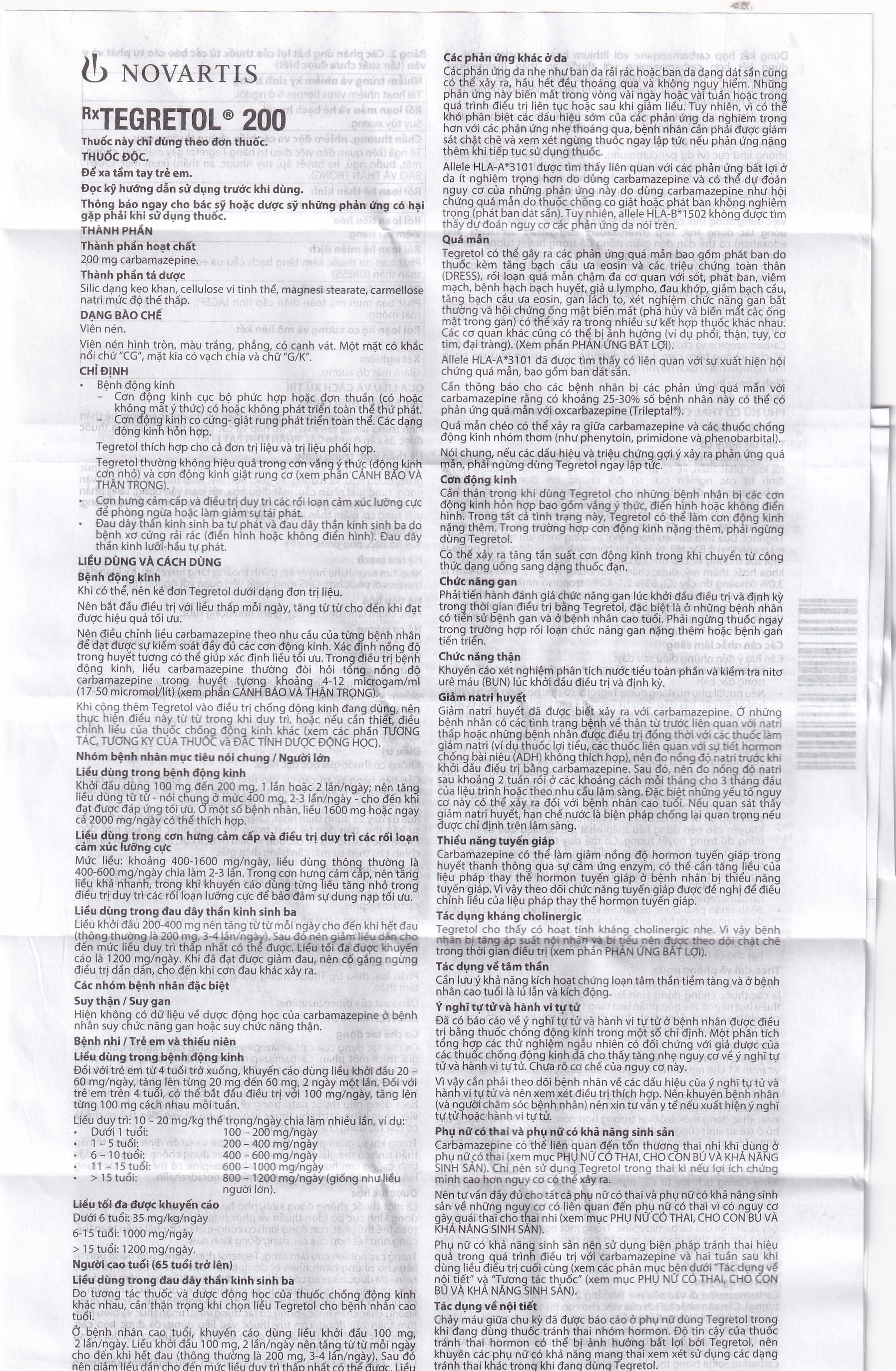 Hình ảnh Thuốc Tegretol 200 Novartis điều trị bệnh động kinh (5 vỉ x 10 viên)