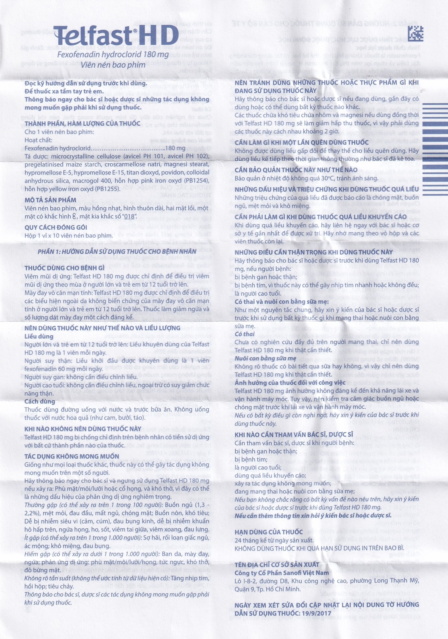Hình ảnh Thuốc Telfast HD 180mg Sanofi điều trị viêm mũi dị ứng, mày đay (1 vỉ x 10 viên)