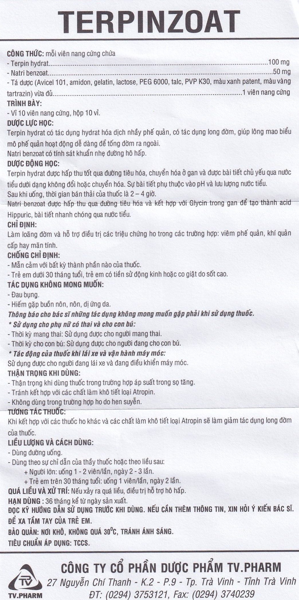 Hình ảnh Thuốc Terpinzoat TV.PHARM làm loãng đờm và điều trị các triệu chứng ho (100 viên)