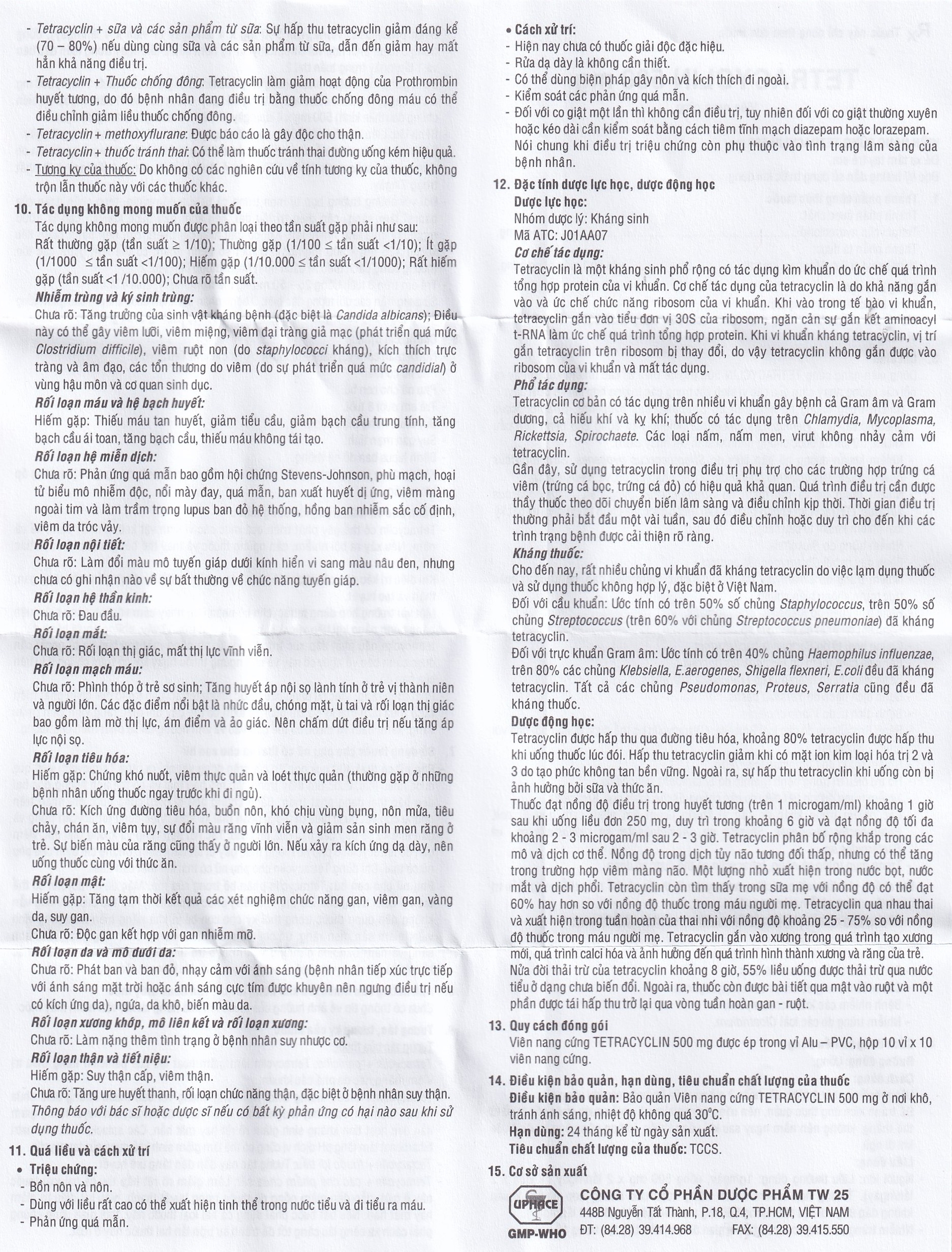 Hình ảnh Thuốc  Tetracyclin 500mg Uphace điều trị nhiễm khuẩn đường hô hấp (10 vỉ x 10 viên)