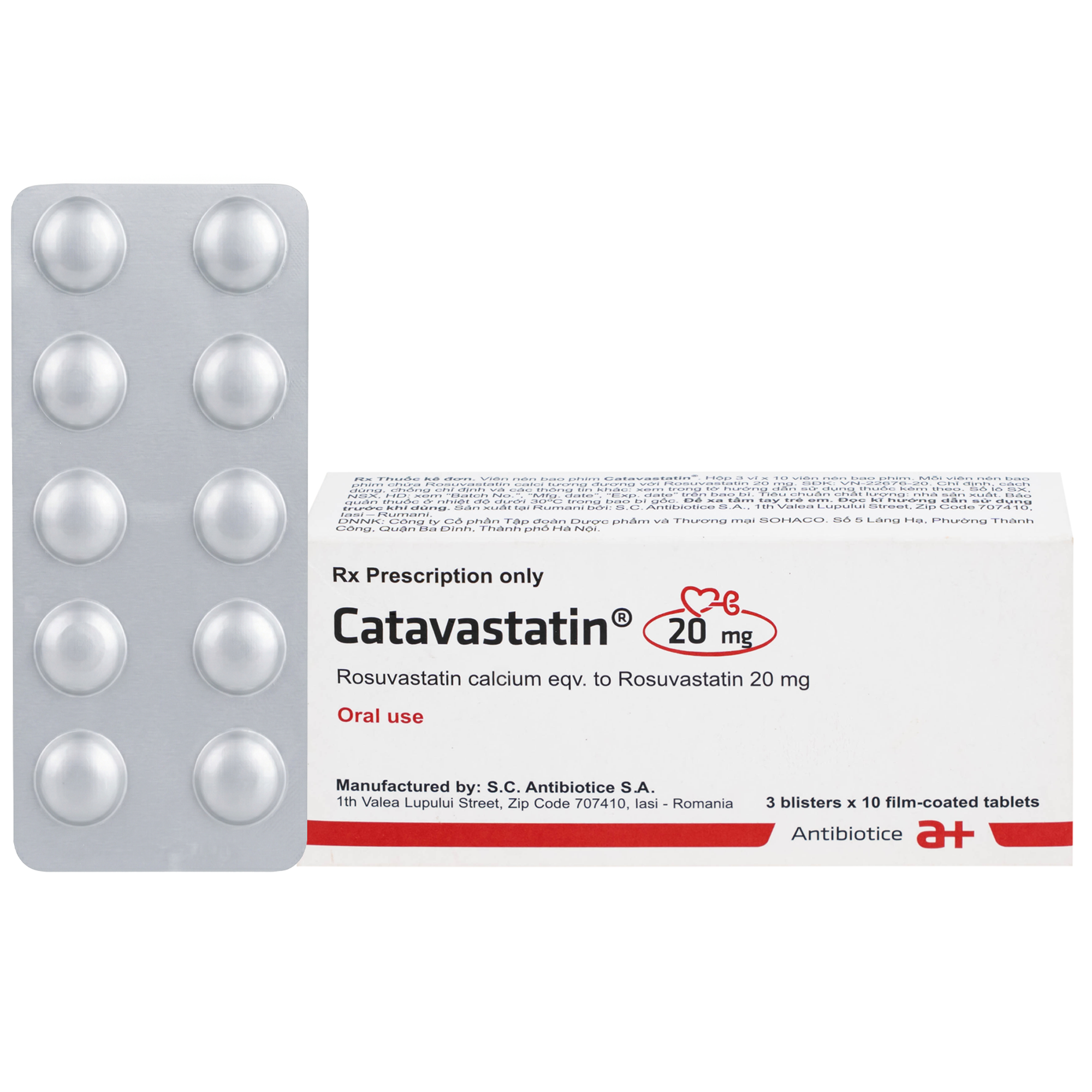 Hình ảnh Thuốc Catavastatin 20mg Antibiotice điều trị tăng cholesterol máu và phòng ngừa biến cố tim mạch (3 vỉ x 10 viên)