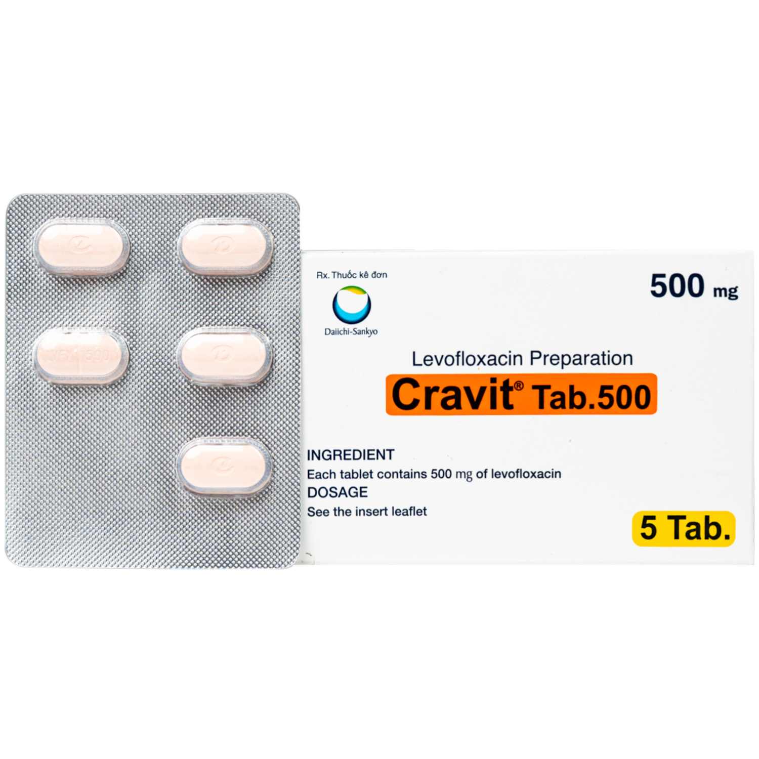 Hình ảnh Thuốc Cravit Tab 500mg Daiichi-Sankyo điều trị nhiễm khuẩn nhẹ, trung bình và nghiêm trọng do các chủng nhạy của các vi sinh vật (1 vỉ x 5 viên)
