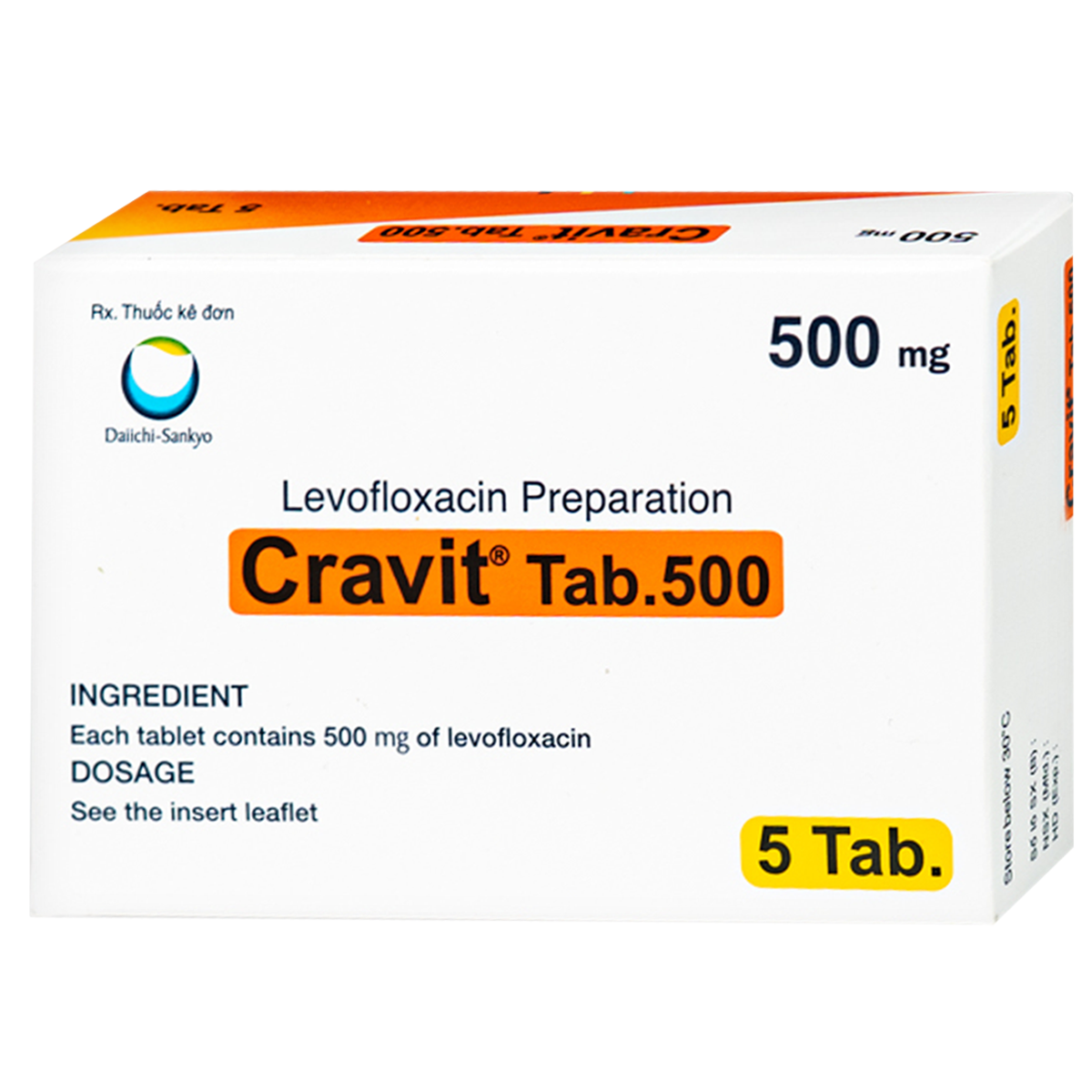 Hình ảnh Thuốc Cravit Tab 500mg Daiichi-Sankyo điều trị nhiễm khuẩn nhẹ, trung bình và nghiêm trọng do các chủng nhạy của các vi sinh vật (1 vỉ x 5 viên)
