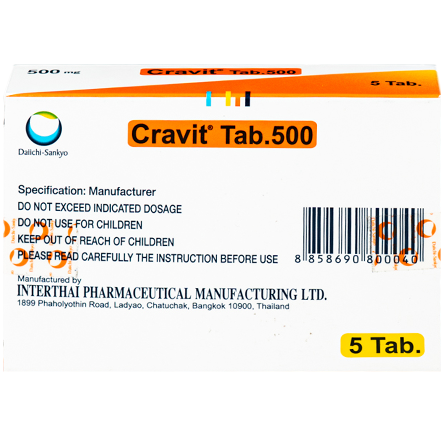 Hình ảnh Thuốc Cravit Tab 500mg Daiichi-Sankyo điều trị nhiễm khuẩn nhẹ, trung bình và nghiêm trọng do các chủng nhạy của các vi sinh vật (1 vỉ x 5 viên)