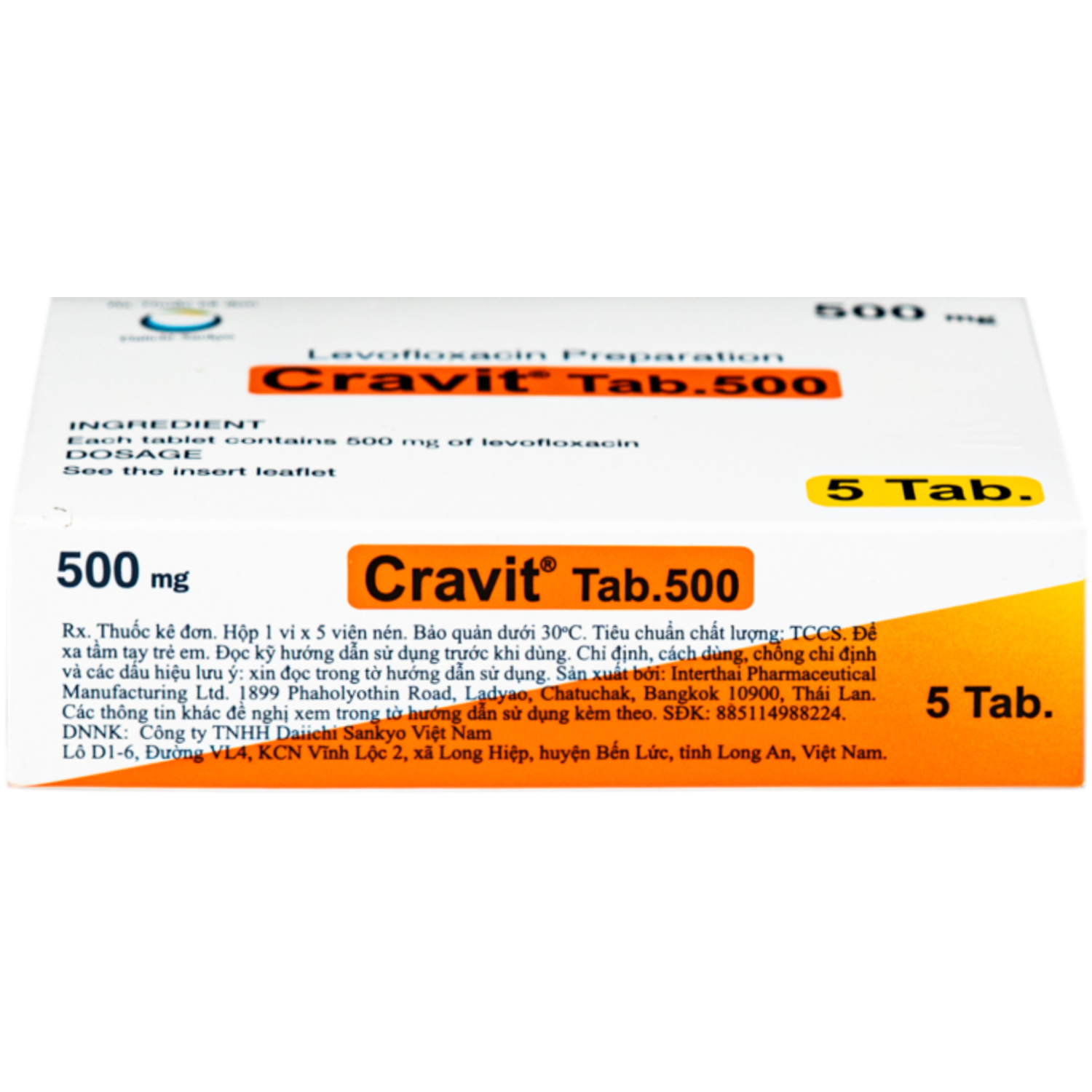 Hình ảnh Thuốc Cravit Tab 500mg Daiichi-Sankyo điều trị nhiễm khuẩn nhẹ, trung bình và nghiêm trọng do các chủng nhạy của các vi sinh vật (1 vỉ x 5 viên)