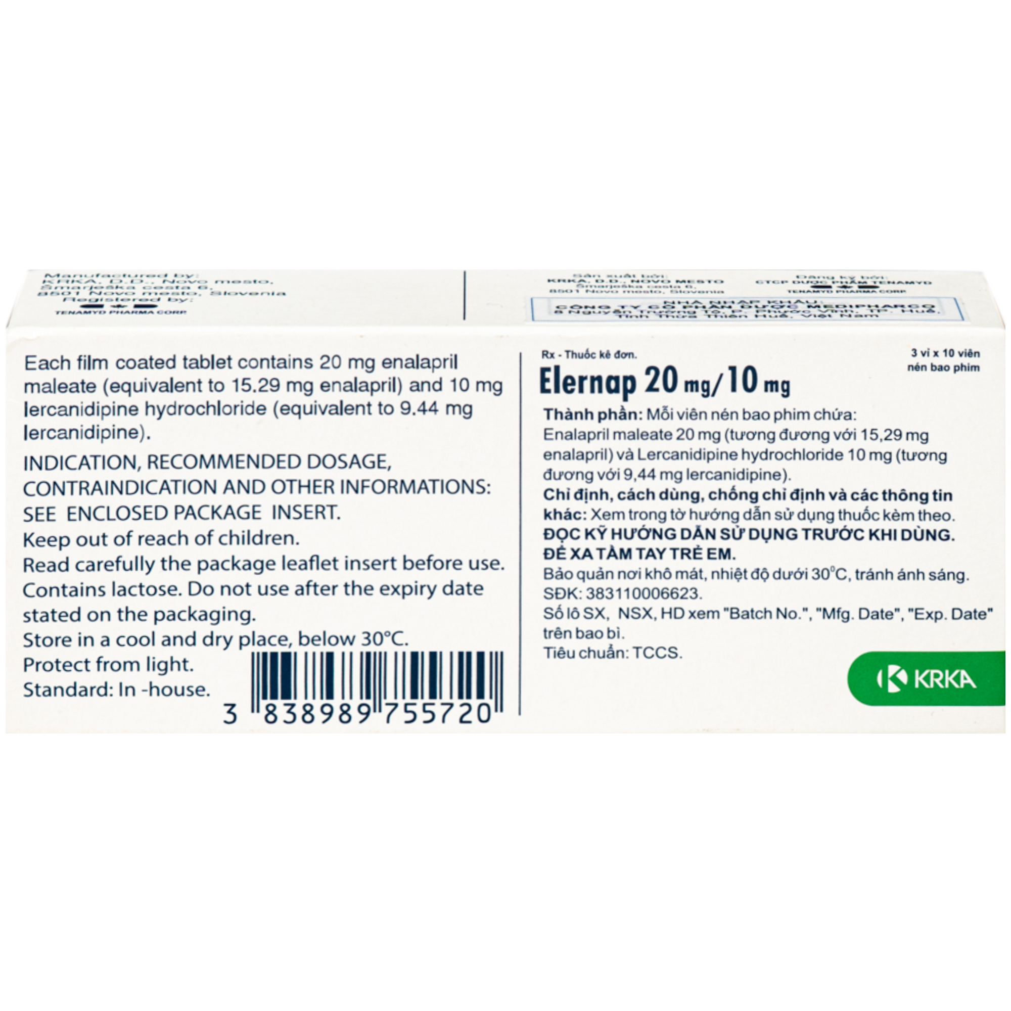 Hình ảnh Thuốc Elernap 20/10mg Krka Điều trị tăng huyết áp và các bệnh lý tim mạch liên quan(3 vỉ x 10 viên)