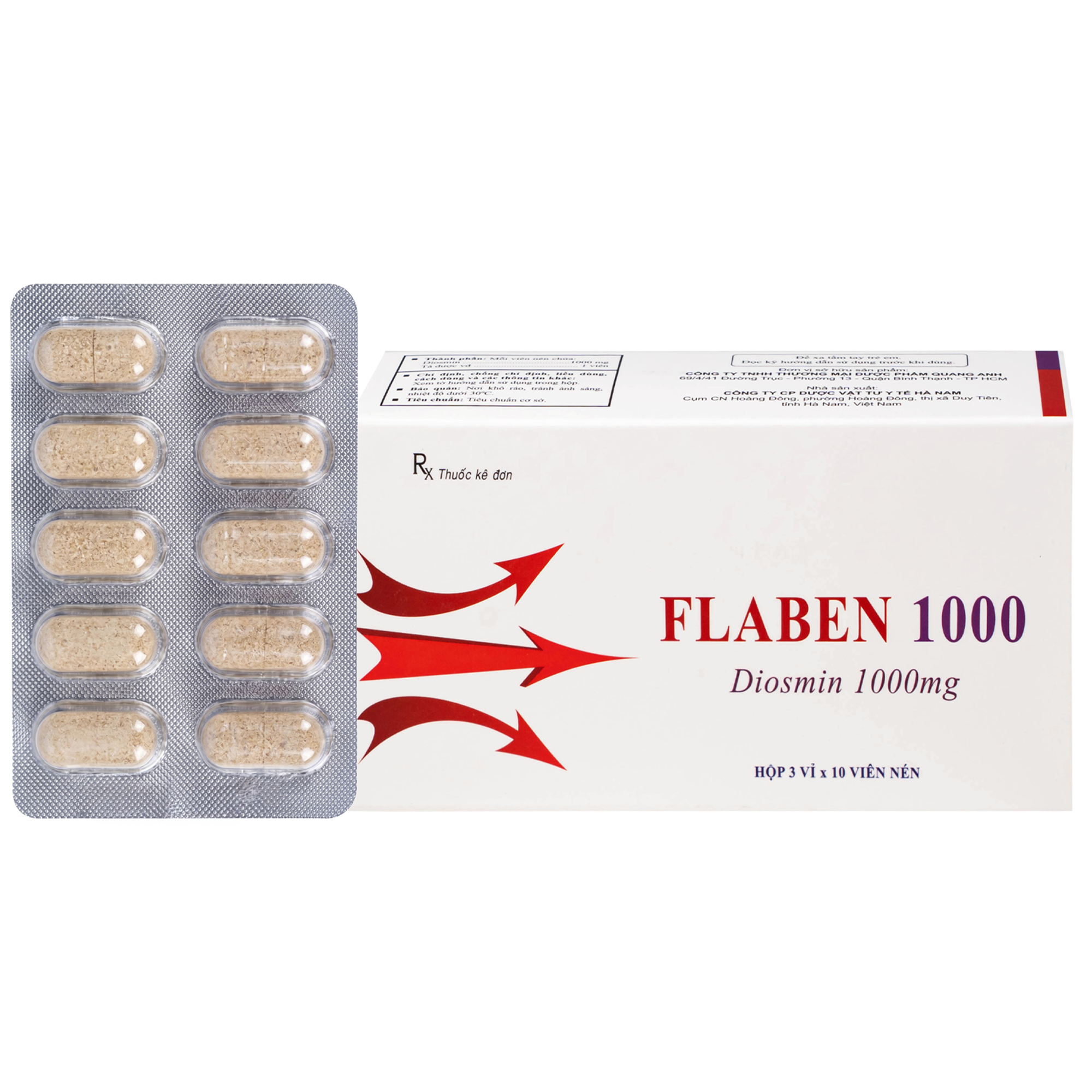 Hình ảnh Thuốc Flaben 1000 Hà Nam điều trị các dấu hiệu và triệu chứng của suy tuần hoàn tĩnh mạch mãn tính (3 vỉ x 10 viên)