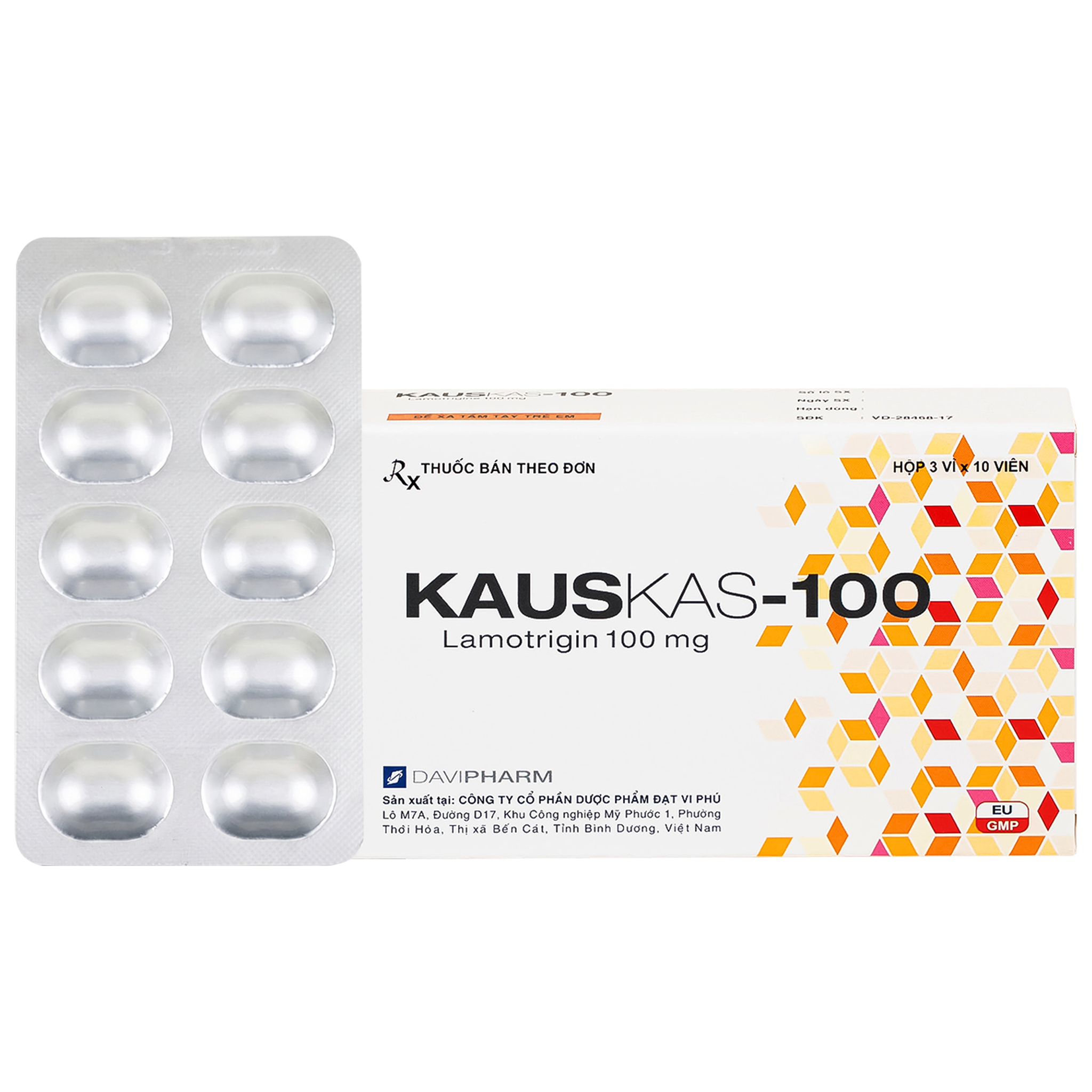 Hình ảnh Thuốc Kauskas-100mg Davipharm điều trị động kinh và rối loạn lưỡng cực (3 vỉ x 10 viên)