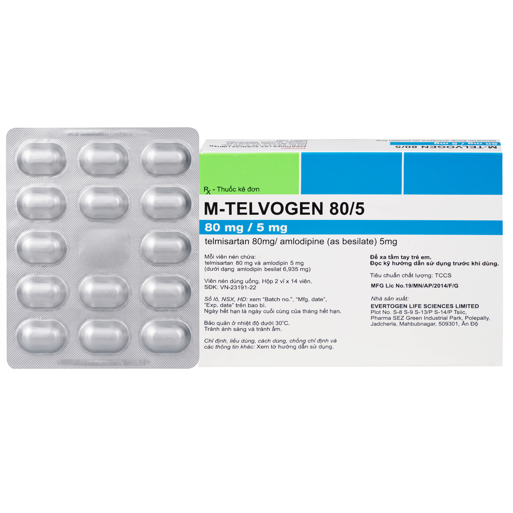 Hình ảnh Thuốc M-Telvogen 80/5mg Evertogen điều trị tăng huyết áp đơn độc hoặc kết hợp với thuốc khác (2 vỉ x 14 viên)