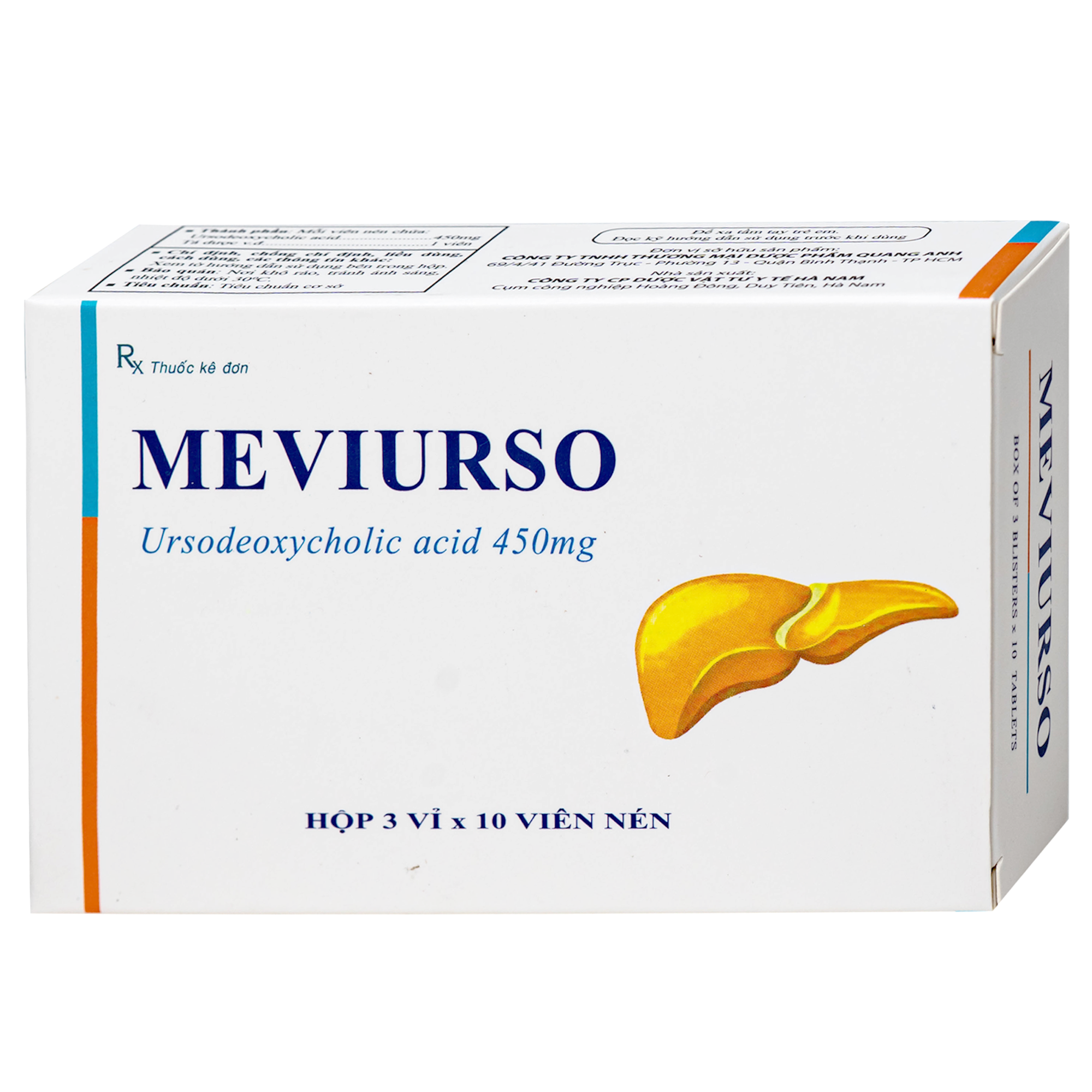 Hình ảnh Thuốc Meviurso 450mg Hà Nam dùng để hòa tan sỏi cholesterol, viêm đường mật nguyên phát (3 vỉ x 10 viên)